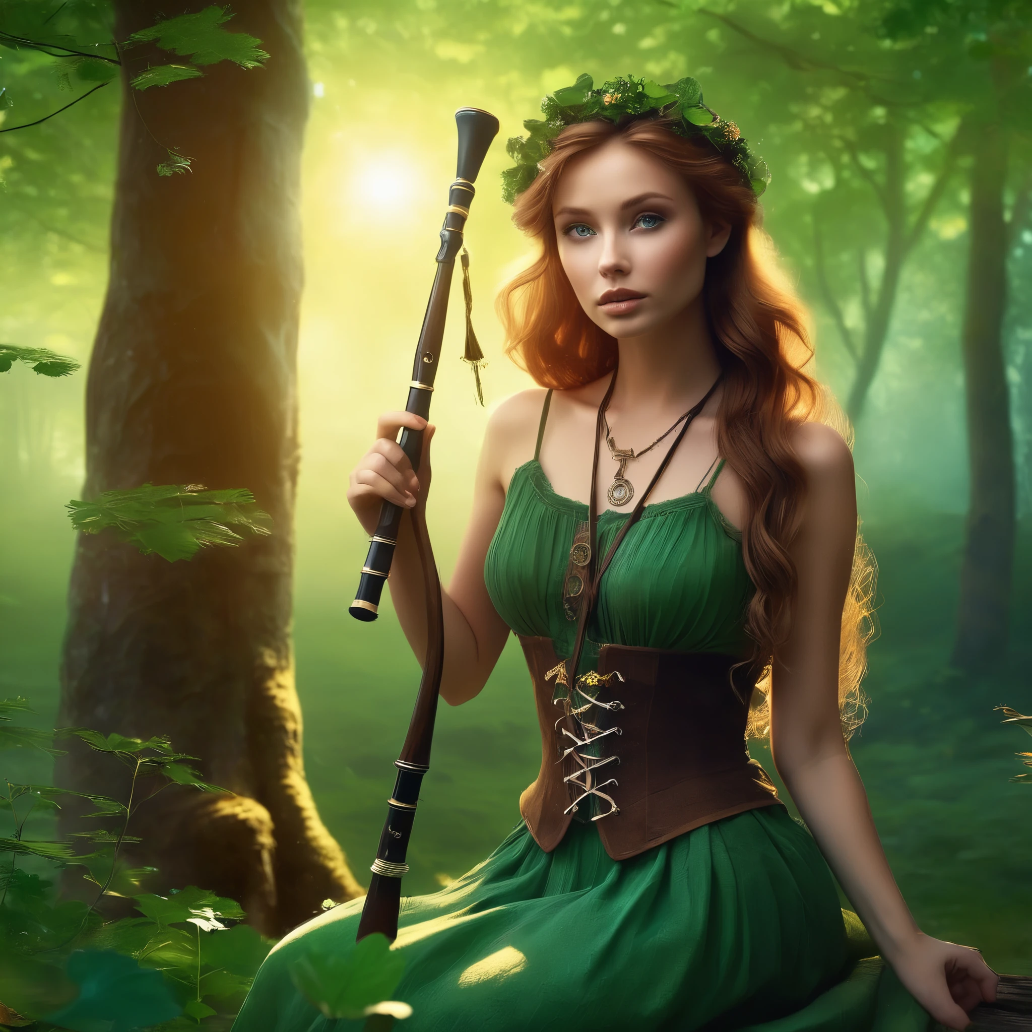 В сцене изображена Celtic girl с закрытыми глазами., playing a Celtic instrument, bagpipe. She bathes in the holy glow from above. It is surrounded by lush open forest., Sunlight penetrates through the leaves, creating beautiful dappled light effects, and calm, but a mysterious atmosphere, 
Celtic girl, 1 girl, One, Celtics, forest tree house in the rainbow, moon, Four-leaf clover, English style,
Whole body, masterpiece, Best quality, Super detailed, very gentle and beautiful, (((sharpening))):1.6,  exquisite girl, dynamic pose,