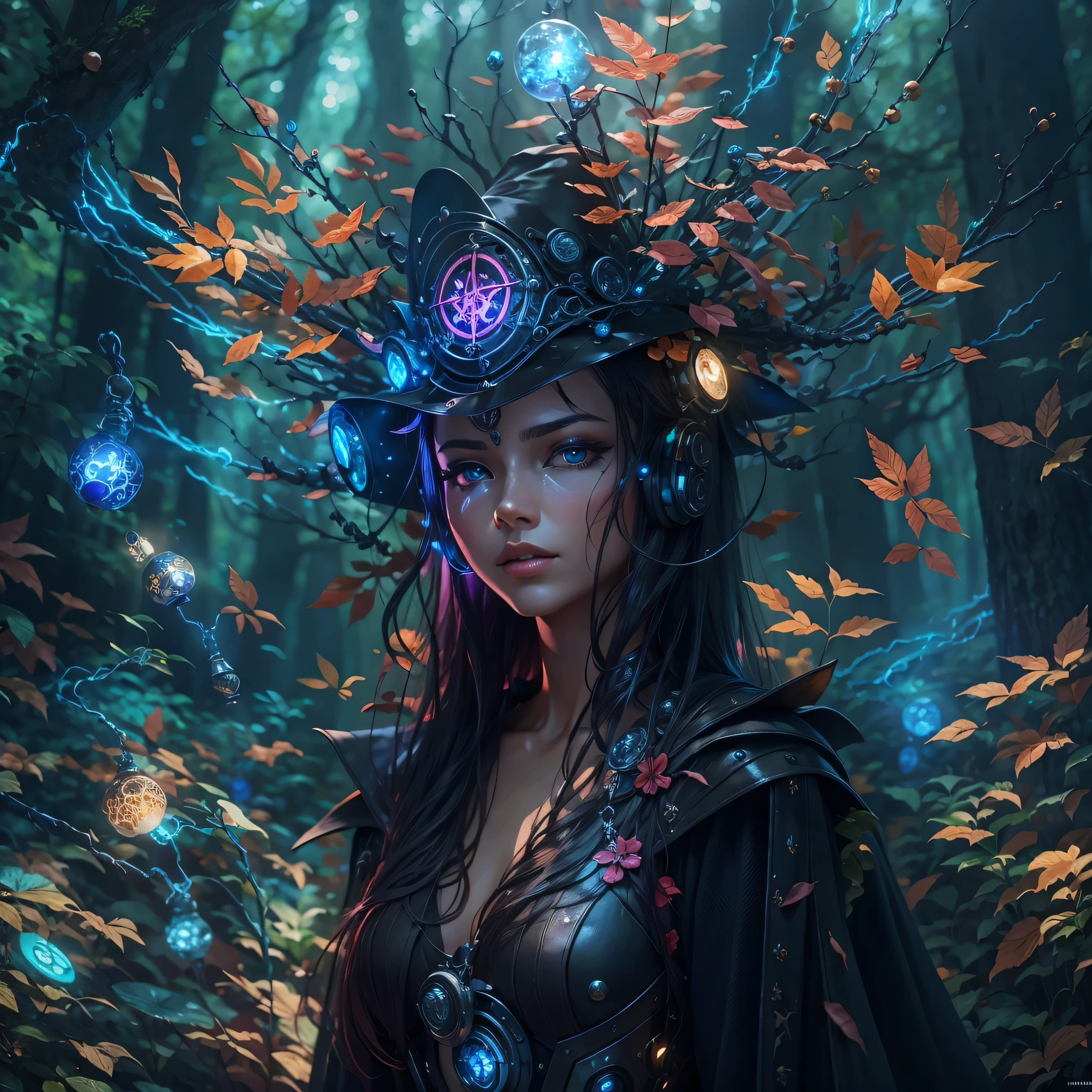 Futuristic robot witch in enchanted forest、witch hat、cybernetic enhancement、mechanical limbetal texture、cloak,Create a mysterious and enchanting atmosphere,Glittering symbols and runes、Sparkling magic gems、rainbow color palette,(best quality,4k,8k,masterpiece:1.2),Ultra-detailed,(lifelike,Photo lifelike,Photos are real:1.37),HDR,ultra high definition,studio lighting,super fine painting,clear focus,Physically based rendering,extreme detail description,major,vivid colors