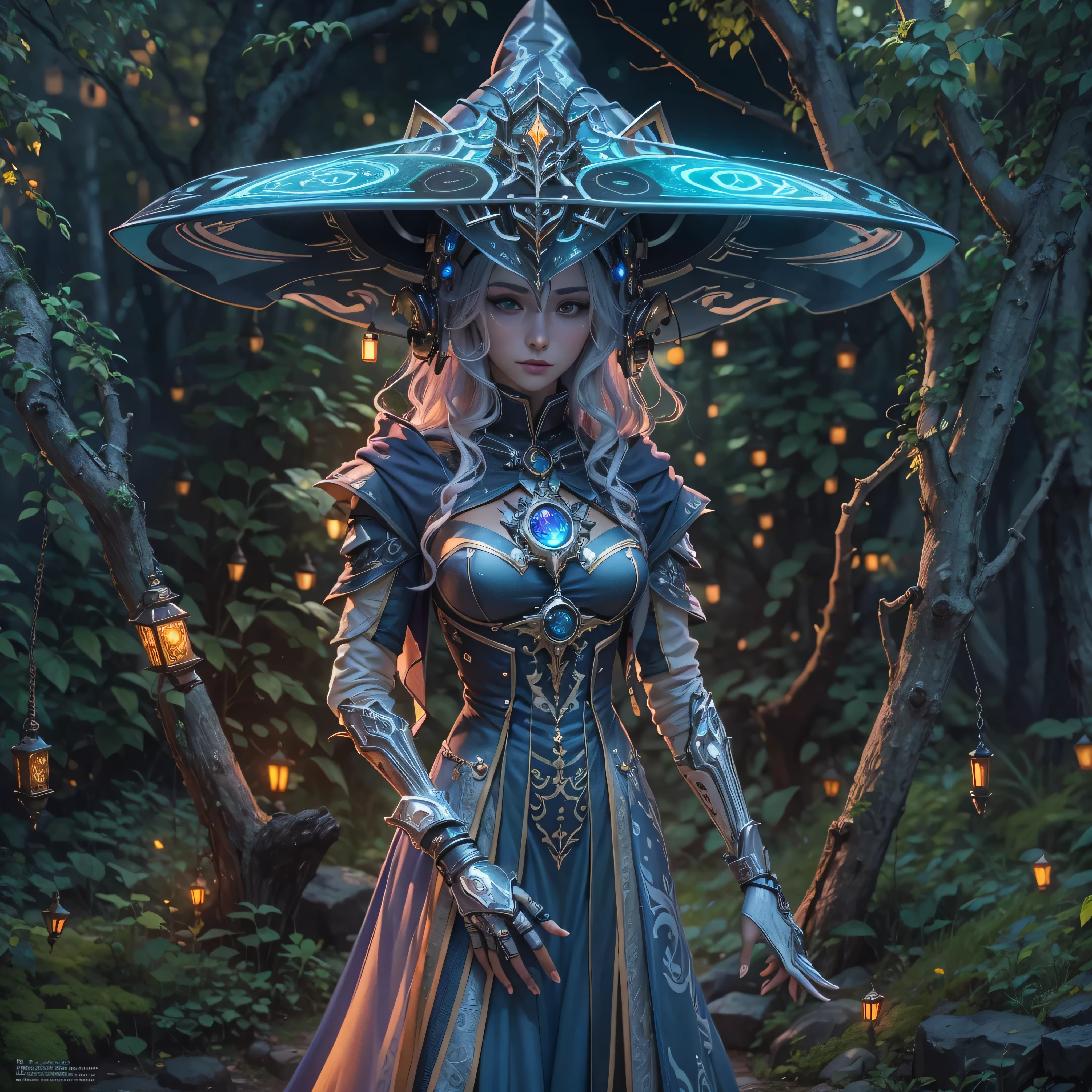 Futuristic robot witch in enchanted forest、witch hat、cybernetic enhancement、mechanical limbetal texture、cloak，Create a mysterious and enchanting atmosphere，Glittering symbols and runes、Sparkling magic gems、rainbow color palette，（best quality，4k，8k，masterpiece：1.2），Ultra-detailed，（lifelike，Photo lifelike，Photos are real：1.37），HDR，ultra high definition，studio lighting，super fine painting，clear focus，Physically based rendering，extreme detail description，major，vivid colors