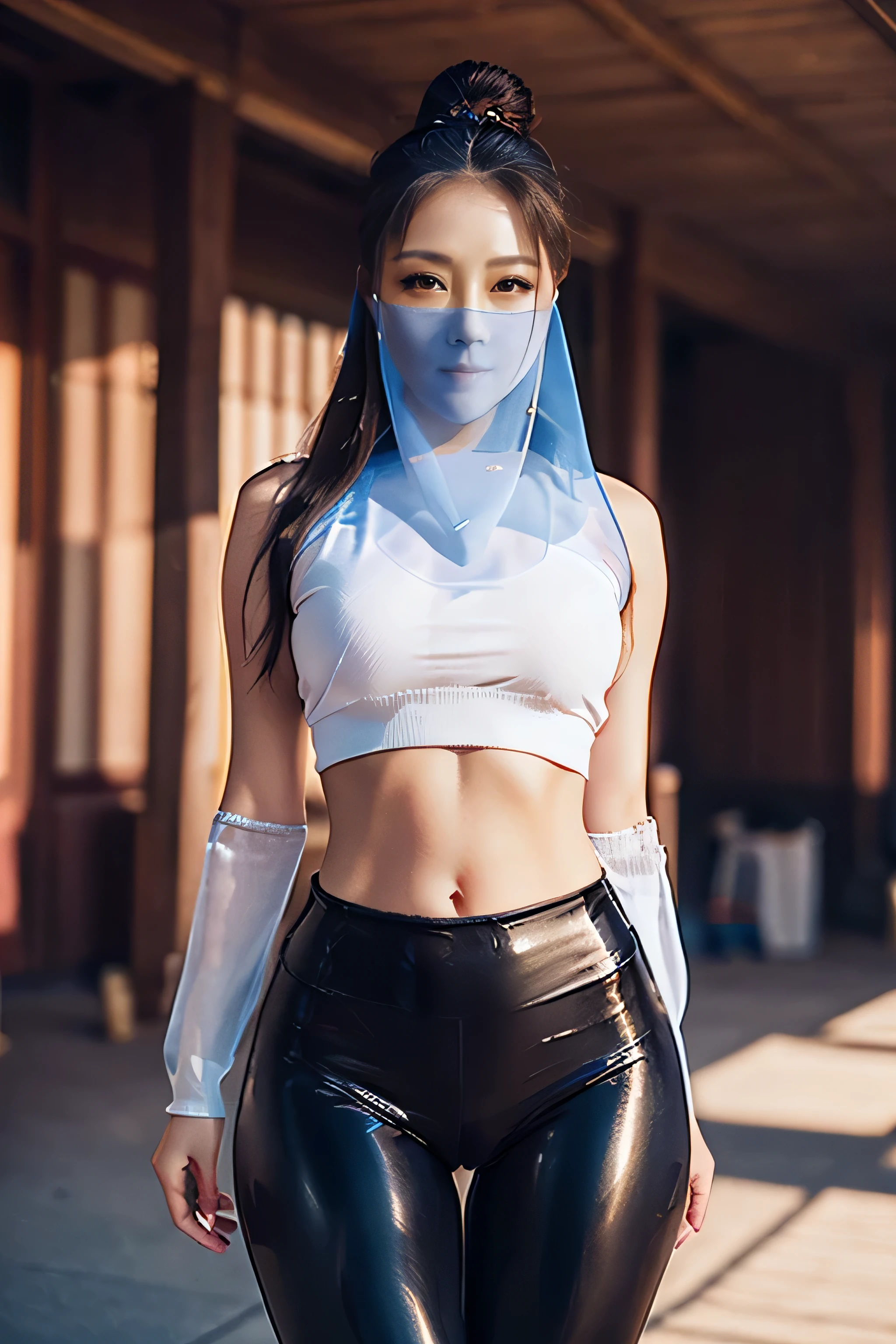 (Age 25, Mature) (Beautiful Korean woman, long, long_hair), masterpiece, wearing face veil and black shiny leggings and a midriff, (thigh thigh gap 1.1), slim_figure, detailed facial features, detailed, symmetry, cinematic lighting, soft lighting