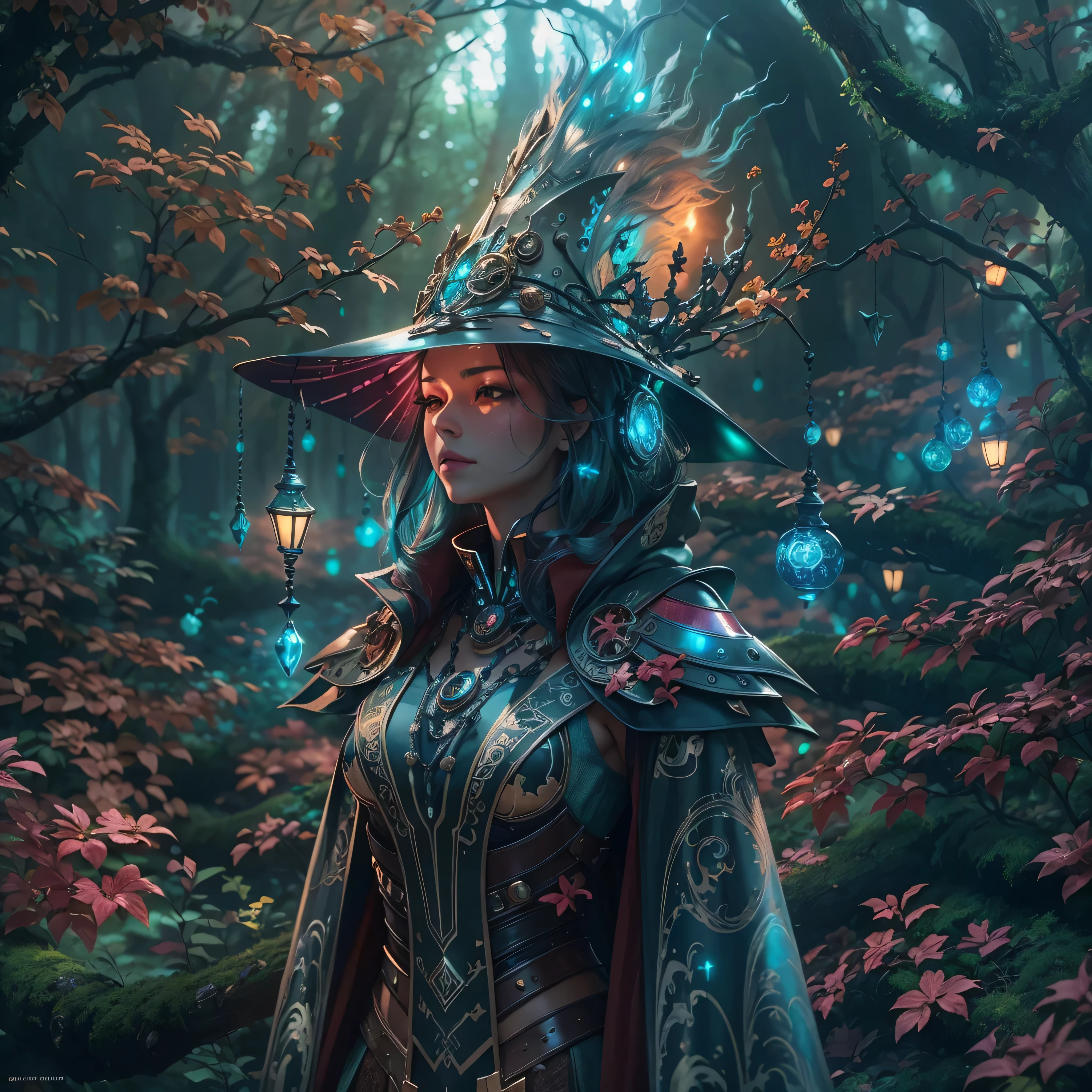 Futuristic robot witch in enchanted forest、witch hat、cybernetic enhancement、mechanical limbetal texture、cloak，Create a mysterious and enchanting atmosphere，Glittering symbols and runes、Sparkling magic gems、rainbow color palette，（best quality，4k，8k，masterpiece：1.2），Ultra-detailed，（lifelike，Photo lifelike，Photos are real：1.37），HDR，ultra high definition，studio lighting，super fine painting，clear focus，Physically based rendering，extreme detail description，major，vivid colors