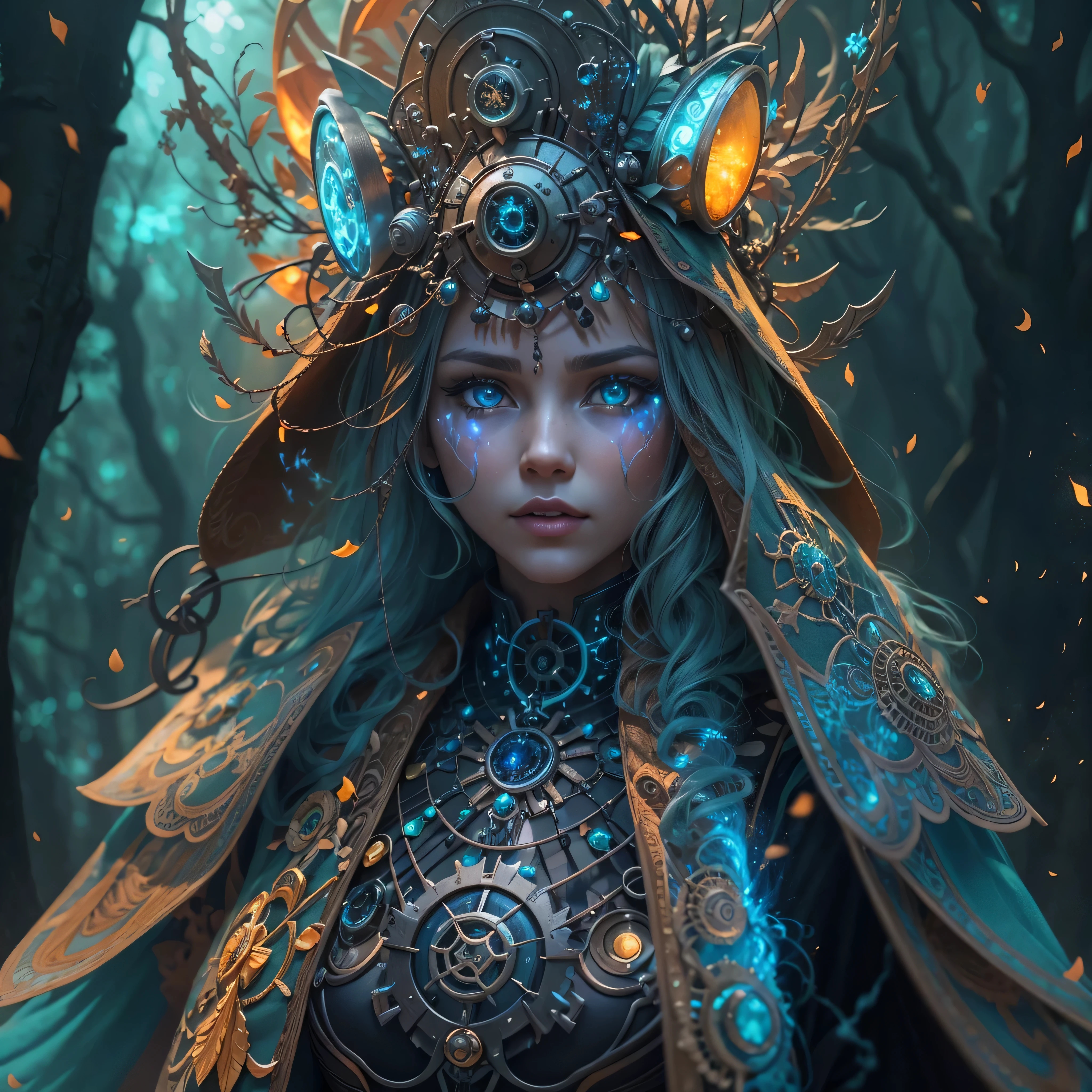 Futuristic robot witch in enchanted forest、witch hat、cybernetic enhancement、mechanical limbetal texture、cloak,Create a mysterious and enchanting atmosphere,Glittering symbols and runes、Sparkling magic gems、rainbow color palette,(best quality,4k,8k,masterpiece:1.2),Ultra-detailed,(lifelike,Photo lifelike,Photos are real:1.37),HDR,ultra high definition,studio lighting,super fine painting,clear focus,Physically based rendering,extreme detail description,major,vivid colors