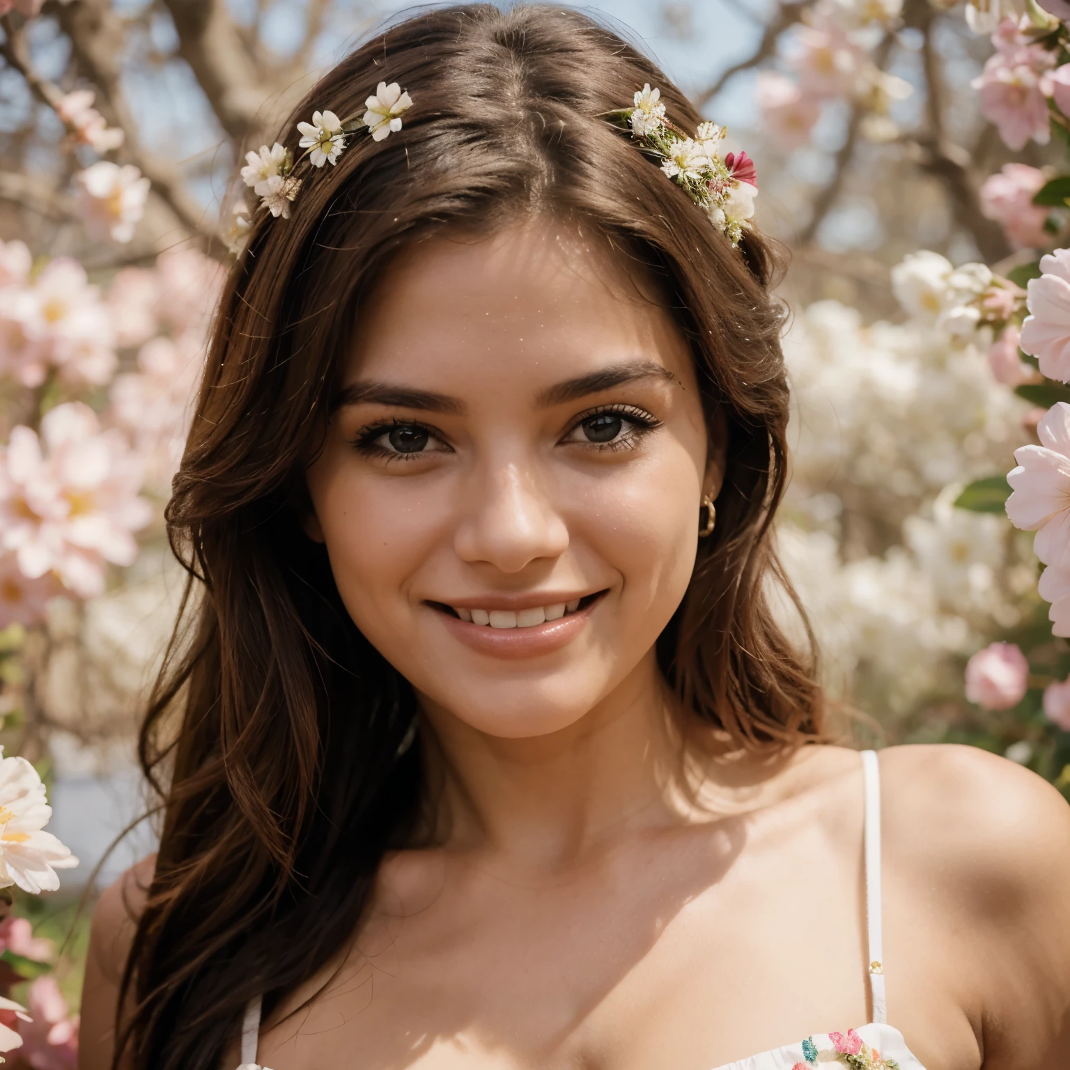 Mulher sorrindo , beija-flores e flores 