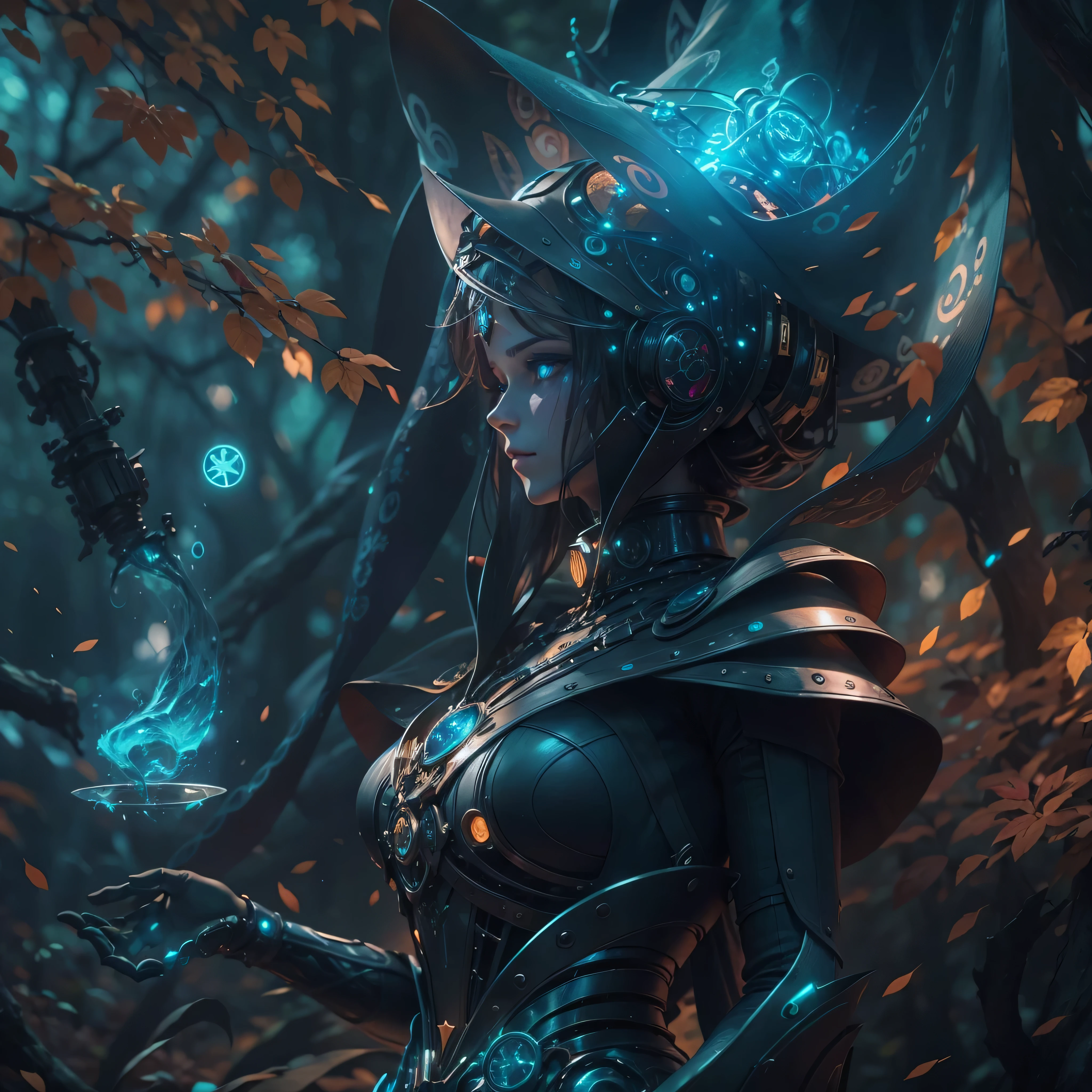 Futuristic robot witch in enchanted forest、witch hat、cybernetic enhancement、mechanical limbetal texture、cloak，Create a mysterious and enchanting atmosphere，Glittering symbols and runes、Sparkling magic gems、rainbow color palette，（best quality，4k，8k，masterpiece：1.2），Ultra-detailed，（lifelike，Photo lifelike，Photos are real：1.37），HDR，ultra high definition，studio lighting，super fine painting，clear focus，Physically based rendering，extreme detail description，major，vivid colors