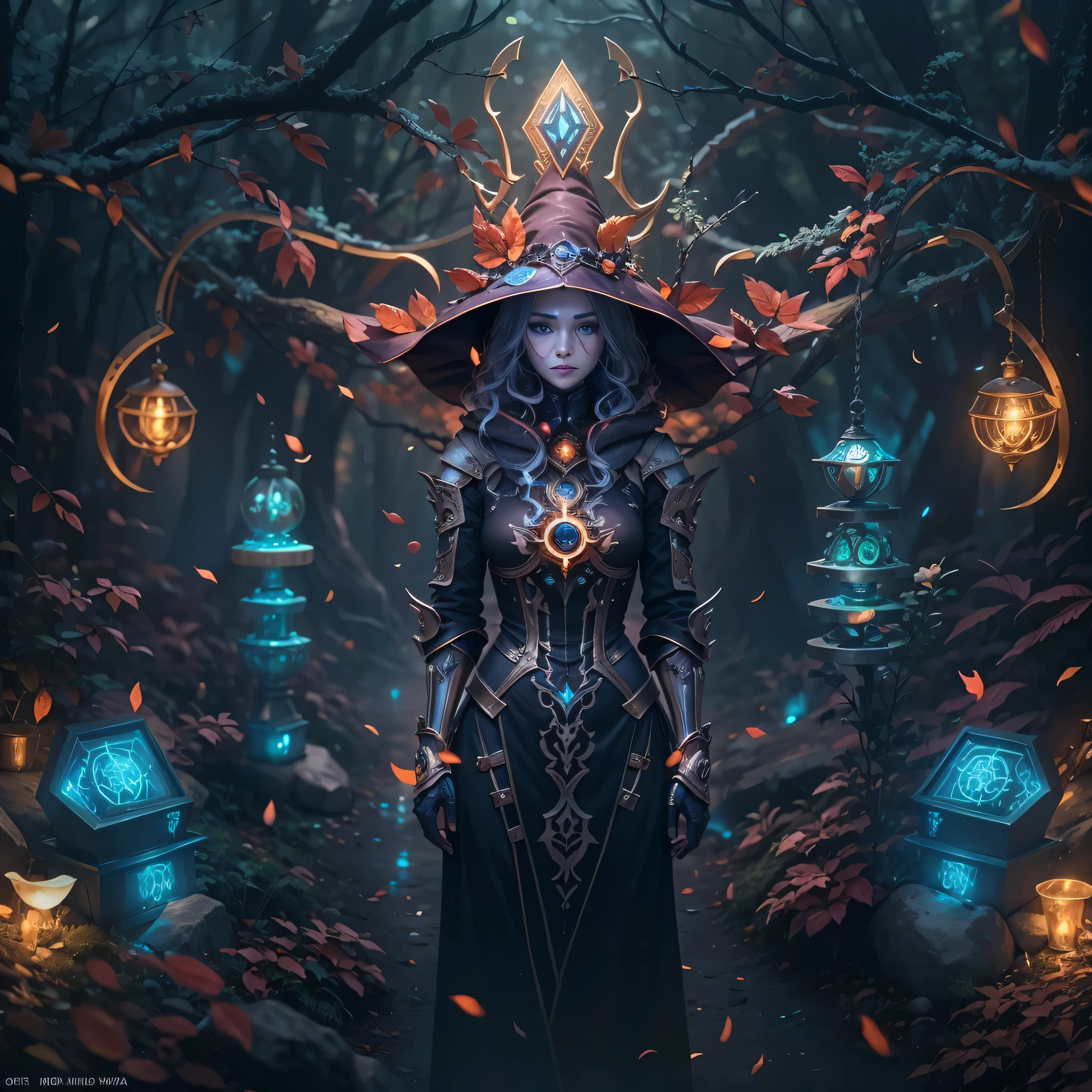 Futuristic robot witch in enchanted forest、witch hat、cybernetic enhancement、mechanical limbetal texture、cloak，Create a mysterious and enchanting atmosphere，Glittering symbols and runes、Sparkling magic gems、rainbow color palette，（best quality，4k，8k，masterpiece：1.2），Ultra-detailed，（lifelike，Photo lifelike，Photos are real：1.37），HDR，ultra high definition，studio lighting，super fine painting，clear focus，Physically based rendering，extreme detail description，major，vivid colors