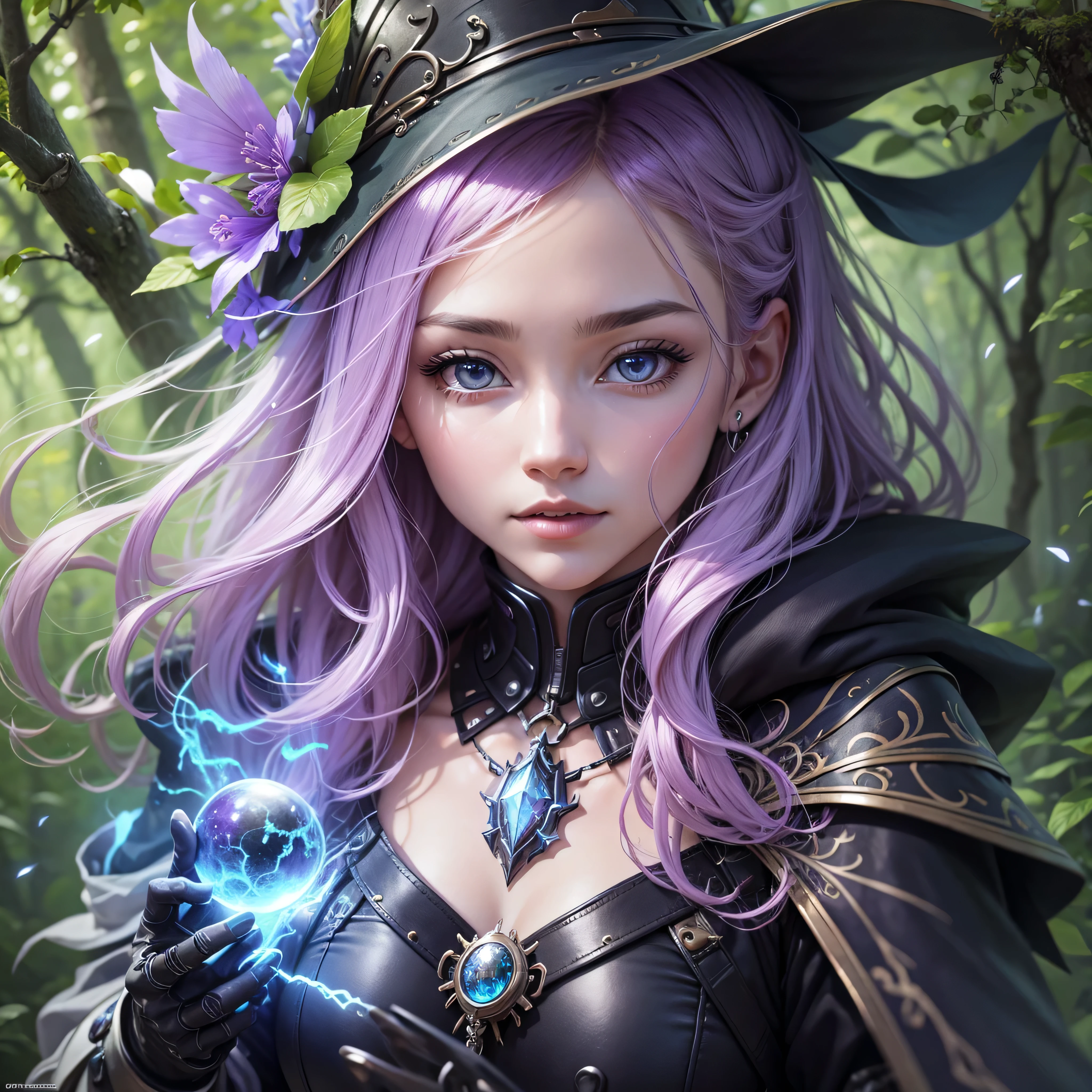 Futuristic robot witch in enchanted forest、witch hat、cybernetic enhancement、mechanical limbetal texture、cloak,Create a mysterious and enchanting atmosphere,Glittering symbols and runes、Sparkling magic gems、rainbow color palette,(best quality,4k,8k,masterpiece:1.2),Ultra-detailed,(lifelike,Photo lifelike,Photos are real:1.37),HDR,ultra high definition,studio lighting,super fine painting,clear focus,Physically based rendering,extreme detail description,major,vivid colors