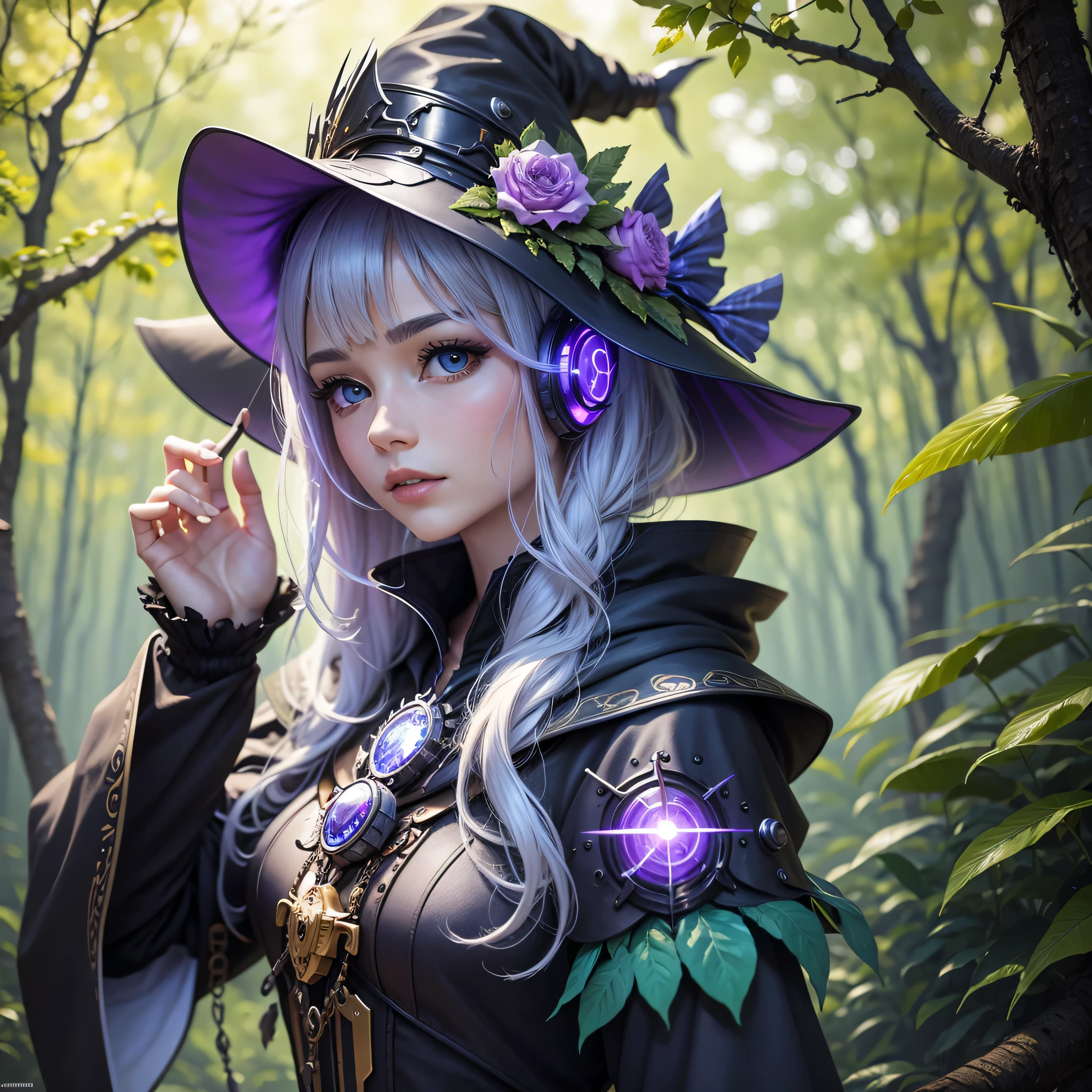 Futuristic robot witch in enchanted forest、witch hat、cybernetic enhancement、mechanical limbetal texture、cloak,Create a mysterious and enchanting atmosphere,Glittering symbols and runes、Sparkling magic gems、rainbow color palette,(best quality,4k,8k,masterpiece:1.2),Ultra-detailed,(lifelike,Photo lifelike,Photos are real:1.37),HDR,ultra high definition,studio lighting,super fine painting,clear focus,Physically based rendering,extreme detail description,major,vivid colors