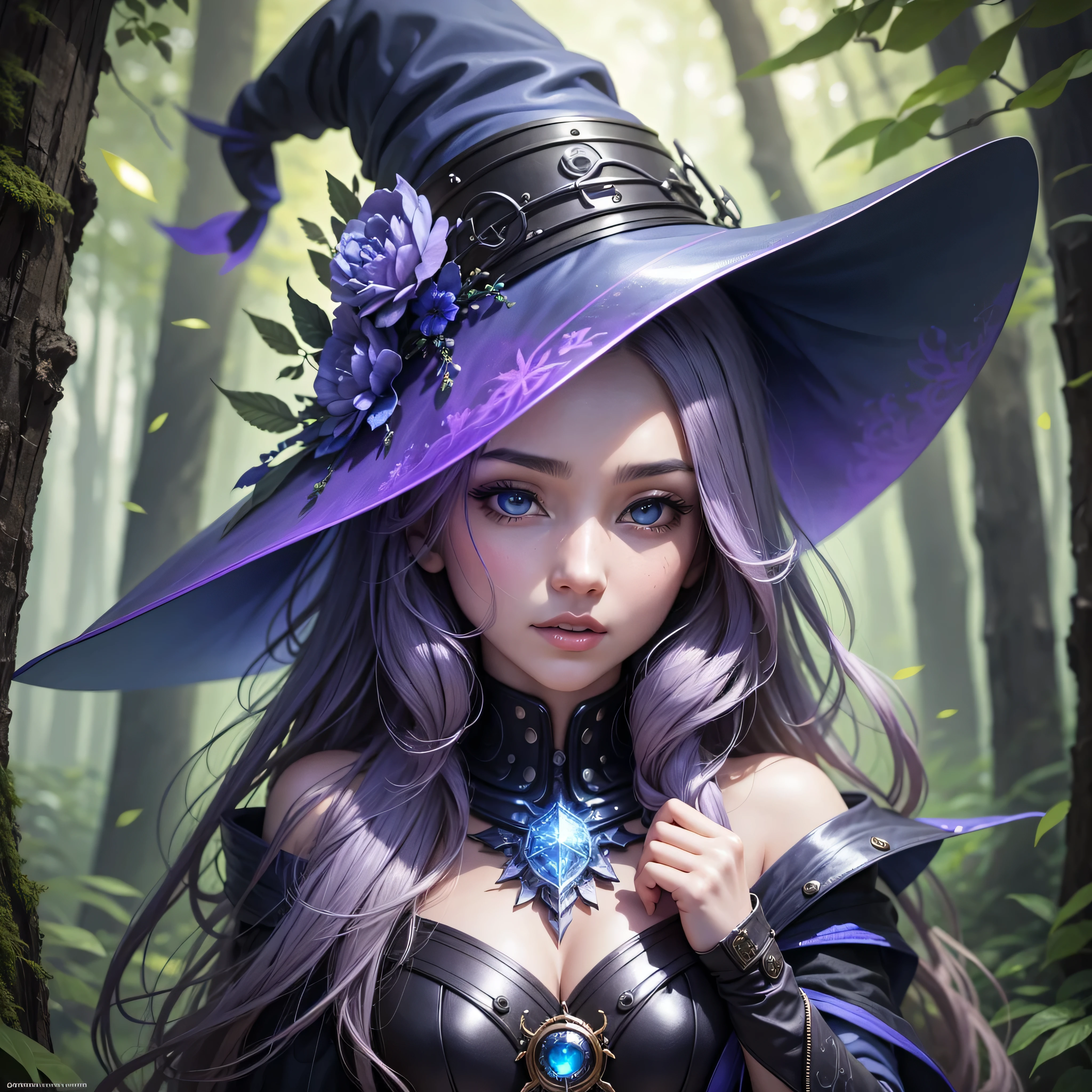 Futuristic robot witch in enchanted forest、witch hat、cybernetic enhancement、mechanical limbetal texture、cloak，Create a mysterious and enchanting atmosphere，Glittering symbols and runes、Sparkling magic gems、rainbow color palette，（best quality，4k，8k，masterpiece：1.2），Ultra-detailed，（lifelike，Photo lifelike，Photos are real：1.37），HDR，ultra high definition，studio lighting，super fine painting，clear focus，Physically based rendering，extreme detail description，major，vivid colors