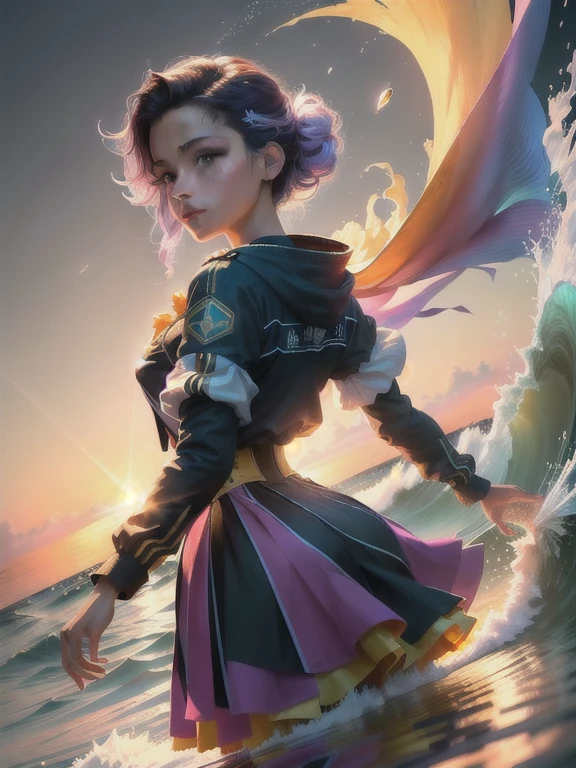 Obra maestra, mejor calidad, Extremely beautiful reflection, mejor reflejo. (Fondo de pantalla CG unity 8k muy detallado), (mejor calidad), (best illustration), (mejor sombra), Obra maestra, mejor calidad, (Fondo de pantalla de unidad CG muy detallado de 8k) (mejor calidad), (best illustration), (mejor sombra) olas doradas, atardecer, bright orange AOL atardecer through the waves, Gotas de agua doradas volando, (:1.6) and brillante particle effects, (elementos naturales), (brillante), (particle effects). , Isometric 3D, Octane representation, trazado de rayos, super detailed