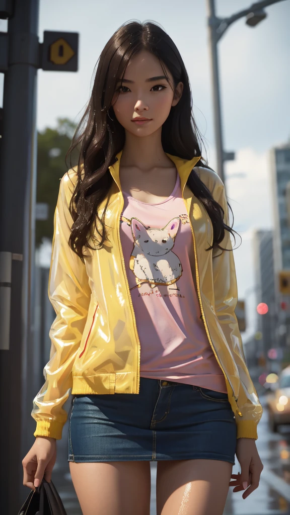 8k, best quality, realistic photos, realistic details, clear face, delicate facial features, real skin shine, a cute girl, shy, facing the camera, girl, hips, slim body, big breasts, 24 years old, charming, seductive eyes, pink animal print T-shirt and miniskirt, yellow rain jacket, raining background, wet hair and clothes, close up