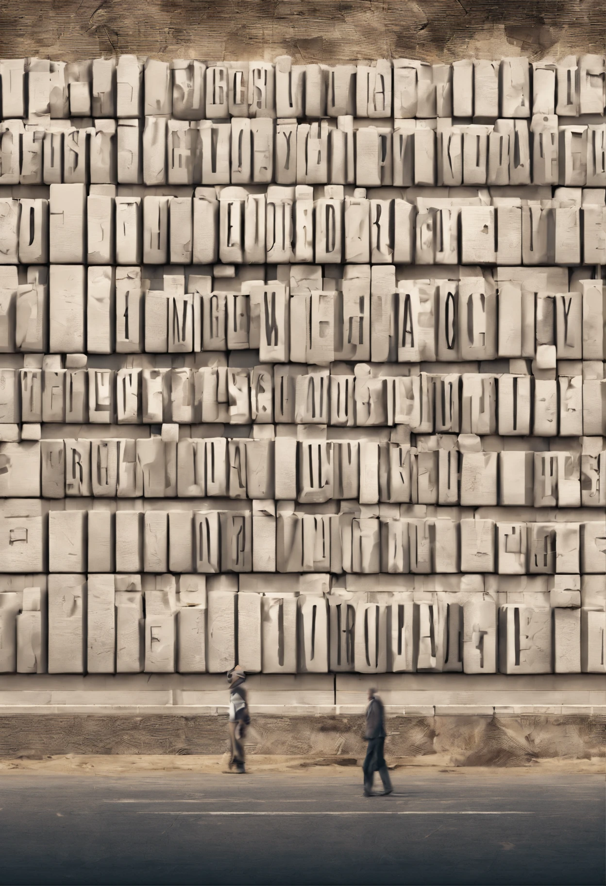 large blocks of wall with the word DEMOCRACY written on it... pessoas pequenas olhando para cima