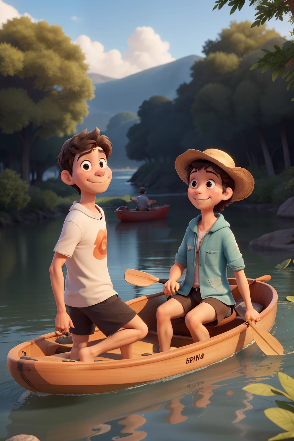 Dos personas DE ESPALDAS en un bote de madera, one person paddling and the other person watching, animado, cartoon