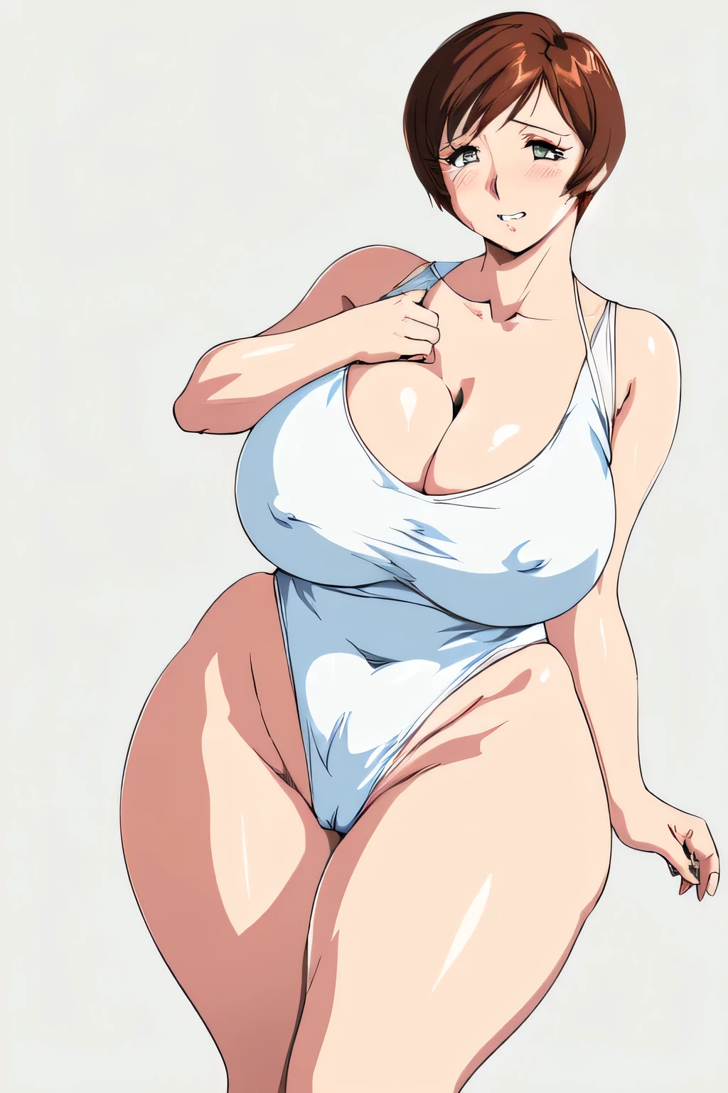 masterpiece, highest quality, High resolution, One Girl, alone, sexual intercourse, Pornographic images, short hair, etsukoto, Fine grain, fine grain, (((Thick thighs, Plump thighs, Voluptuous thighs, Thighs are enough))), Big and ample breasts, Cleavage, Huge long breasts, Naughty big,((Big breasts are important))、((Naughty thighs)), L Cup, (thin:1.4),(Tight waist:1.4), ((white swimsuit, highleg swimsuit)), (((Simple Background))), ((Wide Hips, Big Ass)), Shiny oily skin, Mature mother, Calf, Seductive mature woman, Perfect body, (((Thick))), Plus Size Model, etsukoto, blush, clavicle, retro artstyle, 1990s (style), (((((bare cleavage, hold breasts))))), (nsfw),
