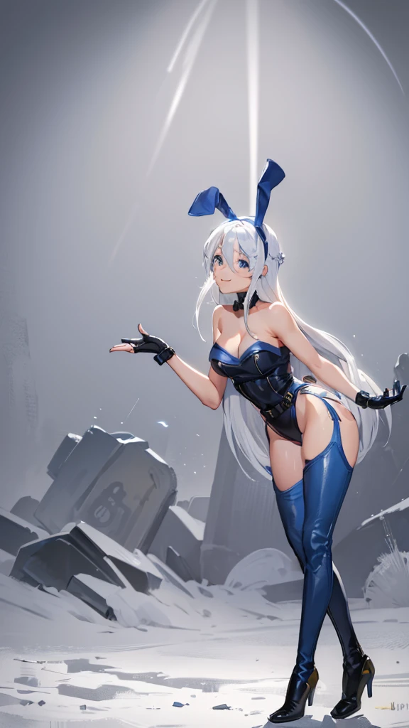 Angel kof,blue eyes,short hair,white hair,hair over one eyes, navel, cowboy boots, cleavage, 1girl, jacket, cropped jacket, leather, fingerless gloves, underwear, panties, chaps, gloves, boots, strapless, smile, leather jacket, solo, strapless bra, toned,Big breasts, big thighs