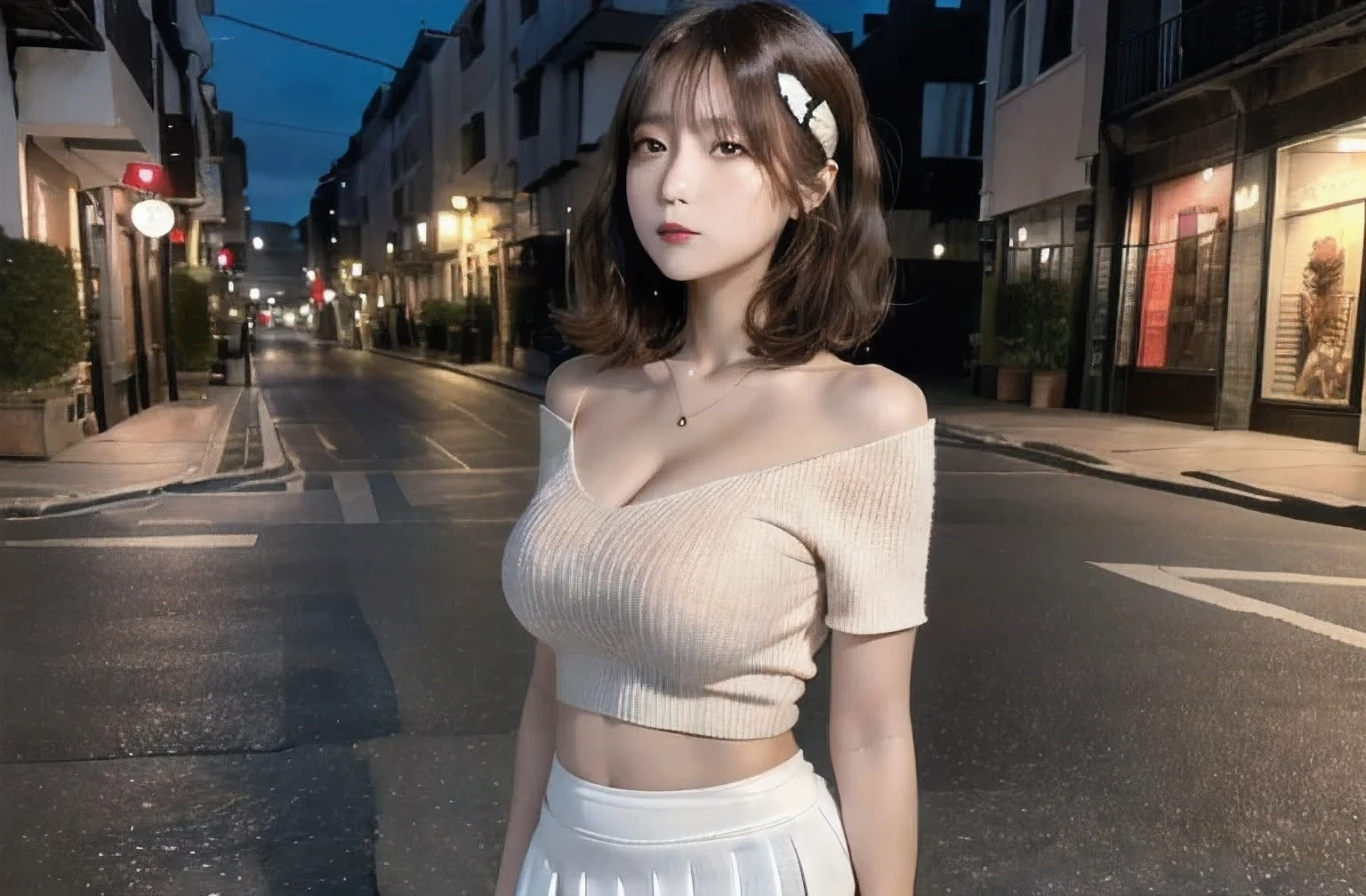 ((highest quality, 8k, masterpiece: 1.3)), (Cute hairpin: 1.3), concentrated: 1.2, Perfect body beauty: 1.4, Hips: 1.2, Very large breasts: 1.4 ((Layered Haircut: 1.2)), , (Dark Street: 1.3), Highly detailed face and skin texture, whole body, Delicate eyes, double eyelid, White skin, Very long、Slightly curled white hair, (Melon face: 1.5), (Short skirt: 1.6),