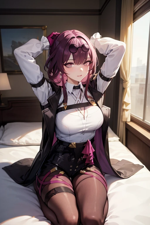 masterpiece, (detailed, highres, best quality), 1girl, kafkerdef, earrings, eyewear on head, sunglasses, white shirt, black jacket, long sleeves, purple gloves, shorts, pantyhose, thigh strap, seiza, arms behind head, bed