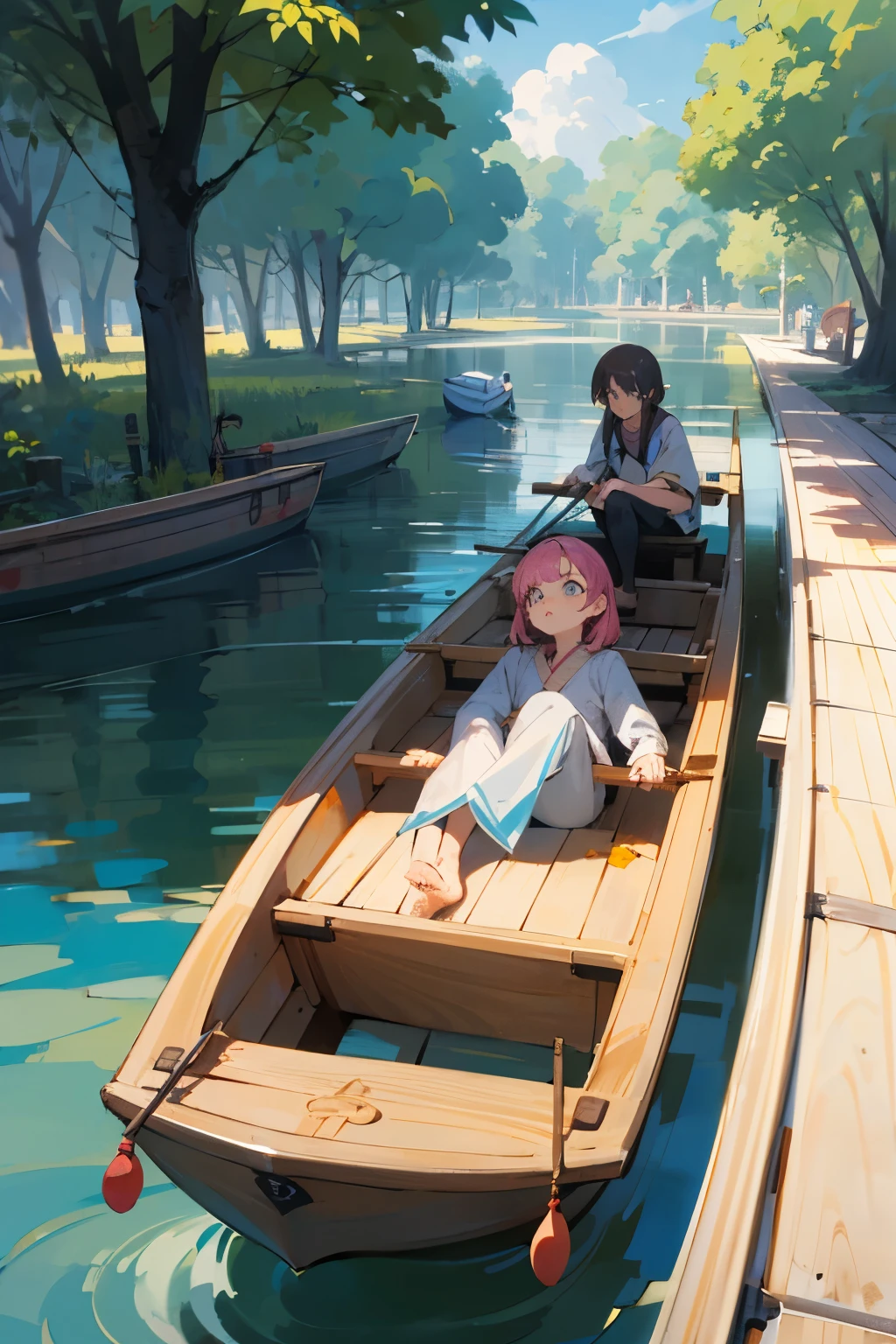 Dos personas DE ESPALDAS en un bote de madera, one person paddling and the other person watching, animado, cartoon
