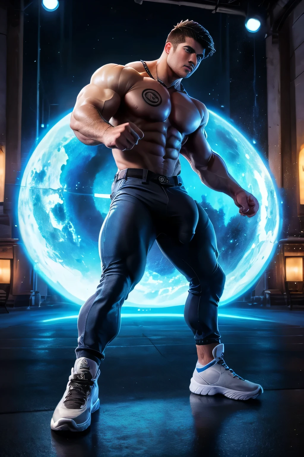 Un rey sentado sobre un trono de hielo, (piel palida), Pelo blanco con mechones azules, pelo corto, atletic body, ((hombre joven)), sin Camisa,(( sin vello facial)), alluring facial expression, Luz ambiental fria, Obra maestra , Perfect anatomy, color perfecto todo el cuerpo), Detallado,Sin zapatos.