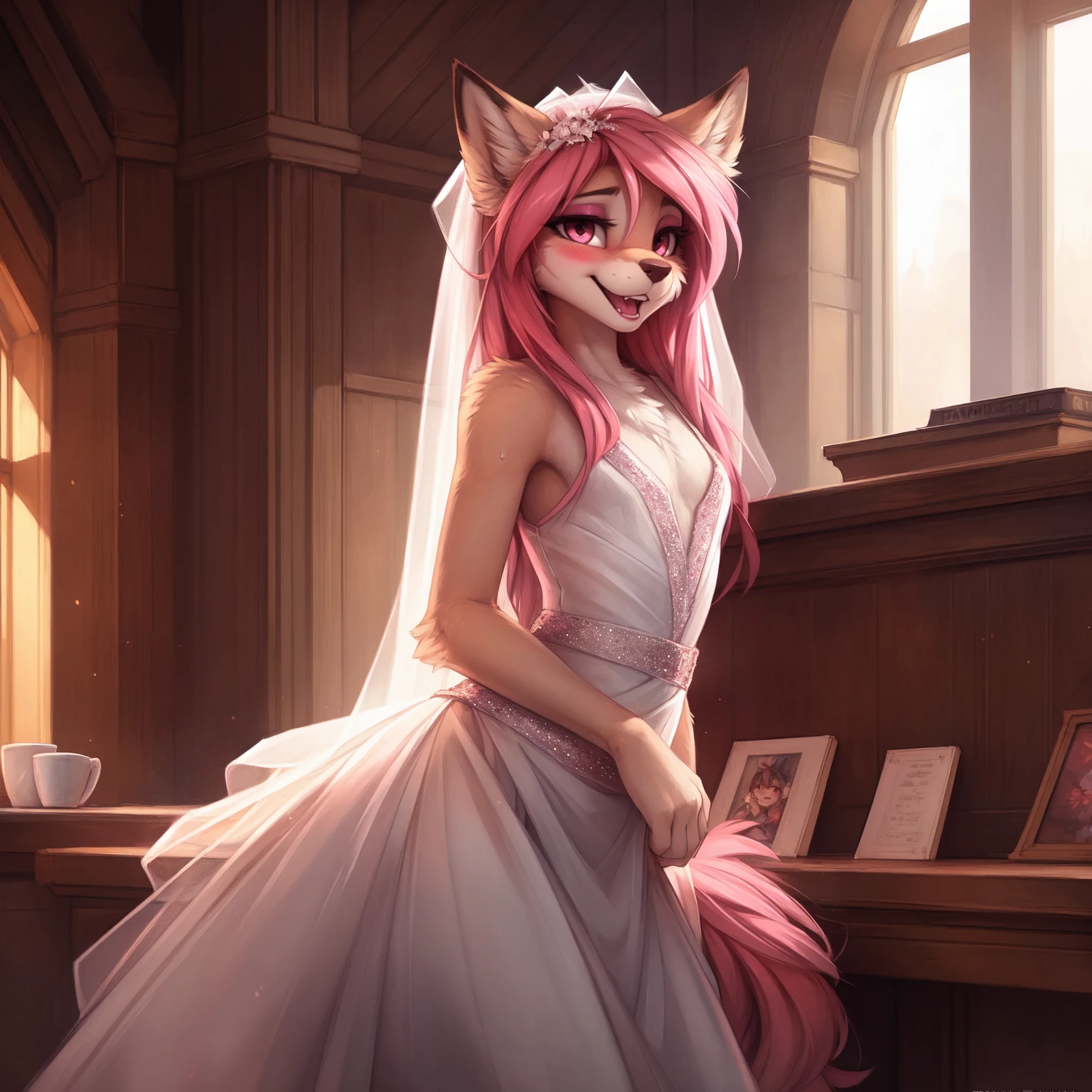 by kenket, Ross Tran, ruan jia, zaush, foxovh, by Zackary911, by hyattlen, by teranen, by fumiko, by Pixelsketcher, by Bayard Wu, by Thomas Benjamin Kennington, by Einshelm, by Kilinah, by Coffeesoda, by Hioshiru, by fluff-kevlar, bye r-mk, by Dimwitdog, Furry, Anthro, long hair, ((small)), ((male)), ((twink)), (long pink hair), ((white fur)), feminine hair, girly haircut, Full Body, (()), cinematic lighting, ((fluffy tail)), ((blushing)), detailed open mouth, detailed canine teeth, (smiling), (shy) girly hips, girly hips, (view from front), looking at viewer, sweat, skimpy (white tight wedding dress), (bulge), solo, wedding, white church, sexually suggestive, ((solo)), (makeup), (pink glittering eyeshadow), eyeliner, pink lipstick, pink eyes, long eyelashes, flat chest, looking at viewer, flat chest, full body shot,