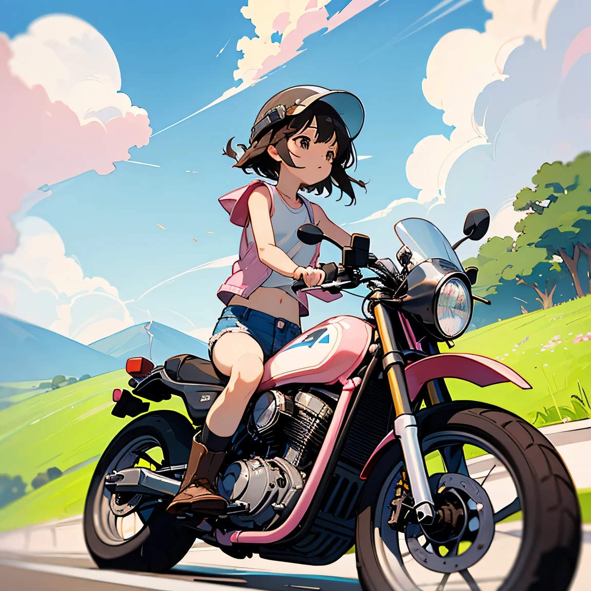 Highest quality、A girl is riding a white Super Cub、Dark brown short cut、(He is wearing a jet helmet with white and black lines running down the center of the helmet from front to back.、White tank top、Pink jacket、Denim shorts、White knee-high socks、Brown work boots:1.3)、Japanese countryside scenery、Road beside the stream、Small creek、Dirt Road、Weeds grow along the side of the road、Blue sky、White clouds floating、Early summer sky、