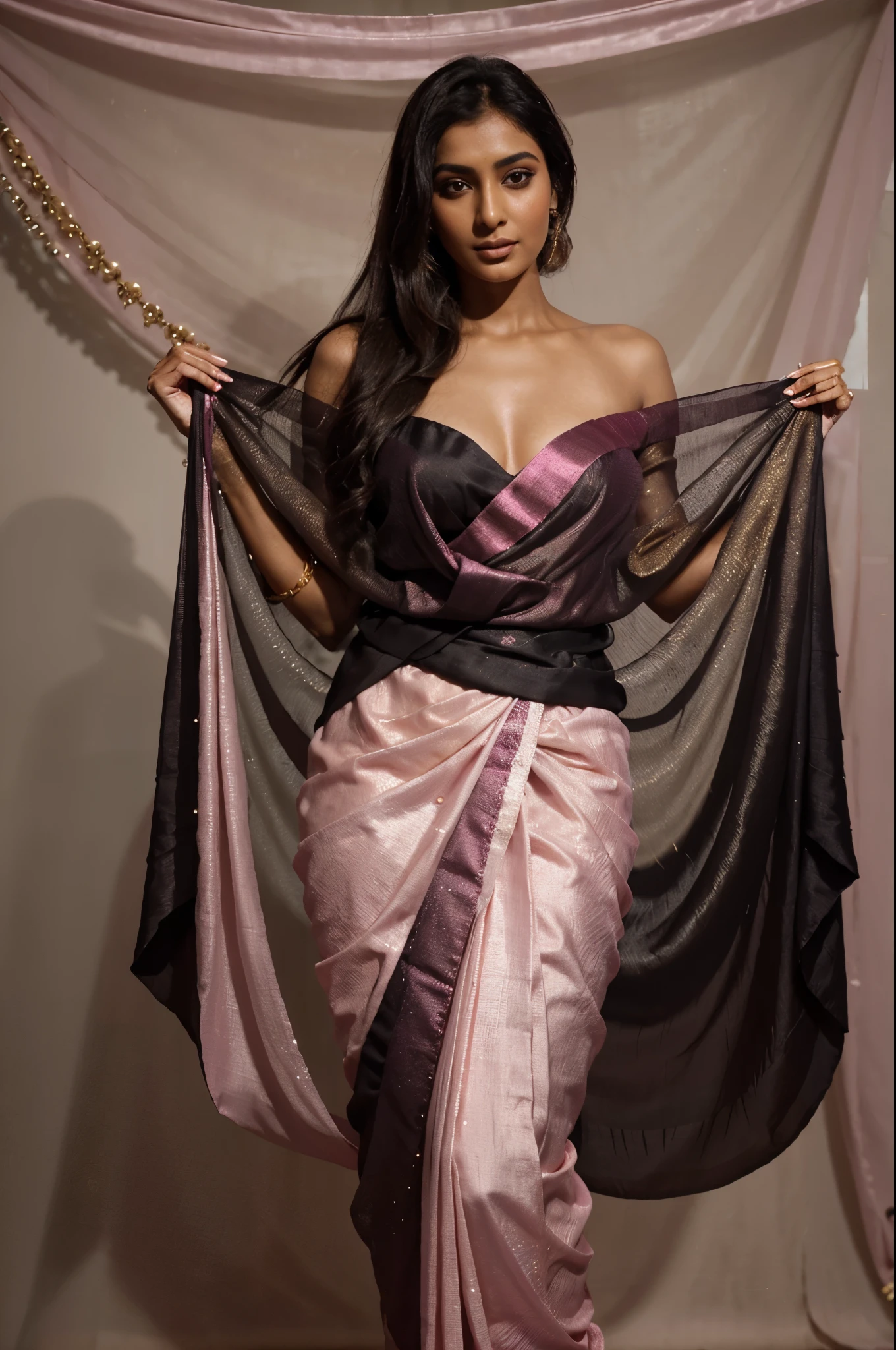 anusha in a sari sari and a pink blouse, flowing shimmering fabrics, draped in silky pink, draped in flowing fabric, draped in black, revealing stylish dress, draped in silk, draped in shiny pink and black, metallic bronze skin, wearing a dress made of beads, with a thin waist, elegant gold body, indian super model