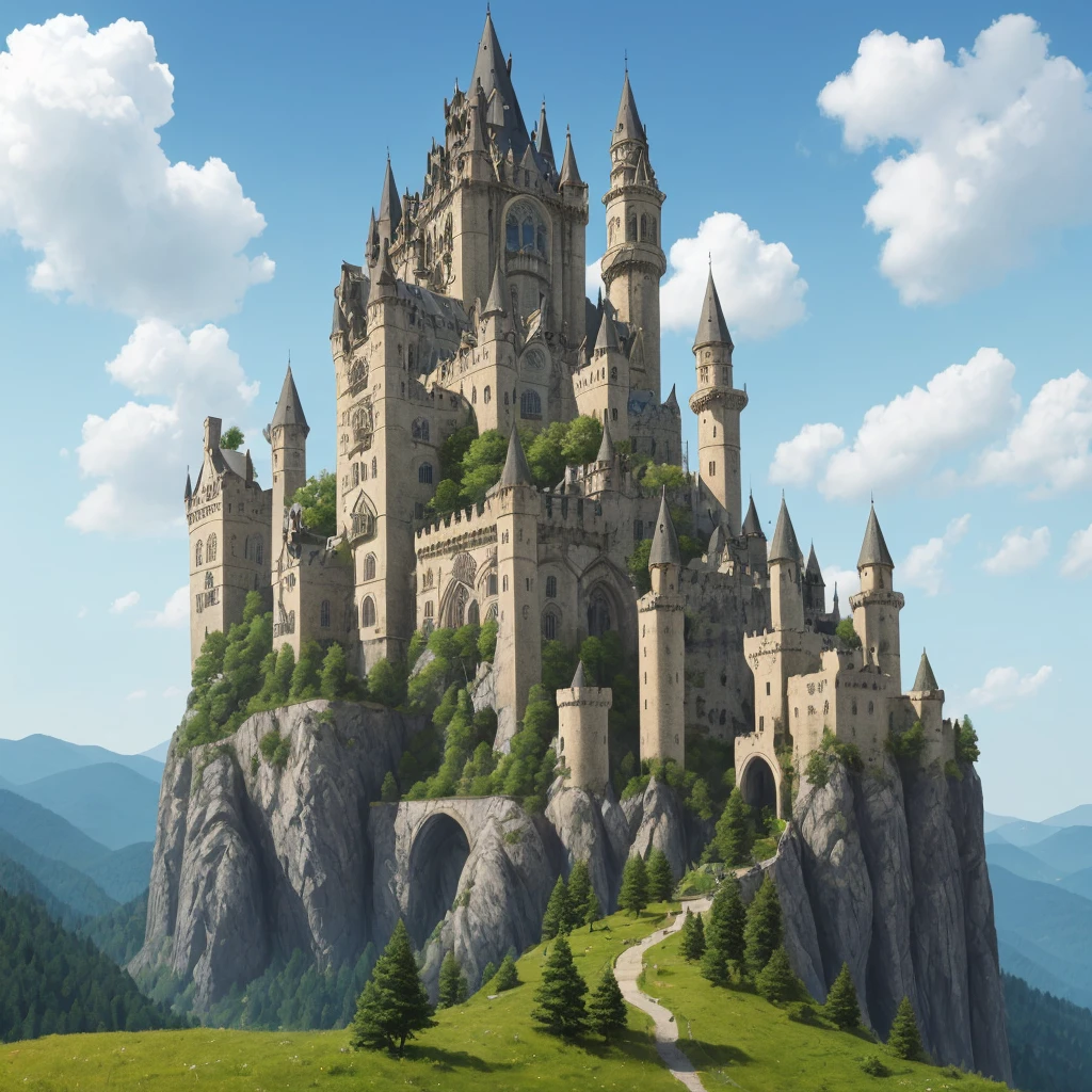 A massive bright fantasy castle stands on a sloped grassy mountain overlooking fields, hills and forests, under a pale blue sky with puffy clouds. high fantasy, epic, gothic architecture, towers, castle, fortress, white stone, marble, landscape, rocks, forests, mountains, hills, conifers, well lit, masterpiece, painting, realism, calm, magnificent, high quality, sense of scale