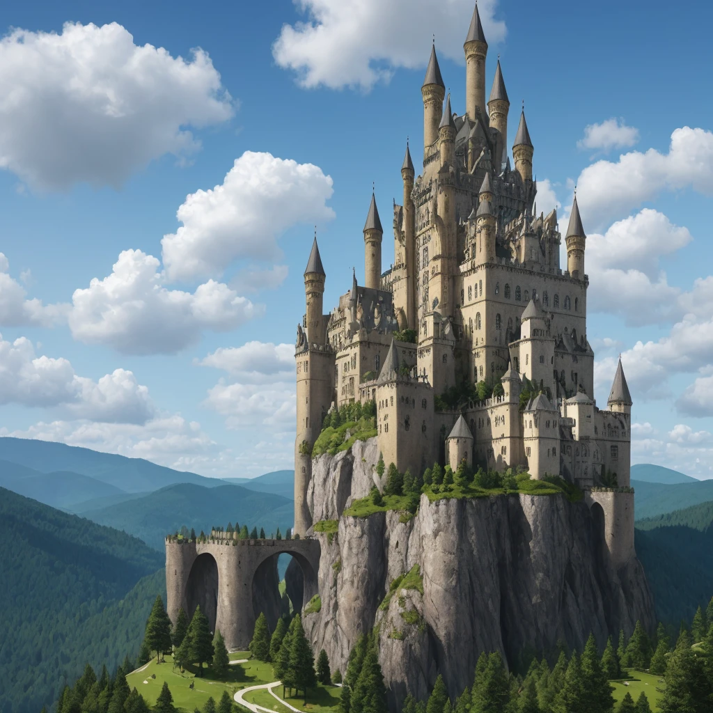 A massive bright fantasy castle stands on a sloped grassy mountain overlooking fields, hills and forests, under a pale blue sky with puffy clouds. high fantasy, epic, gothic architecture, towers, castle, fortress, white stone, marble, landscape, rocks, forests, mountains, hills, conifers, well lit, masterpiece, painting, realism, calm, magnificent, high quality, sense of scale