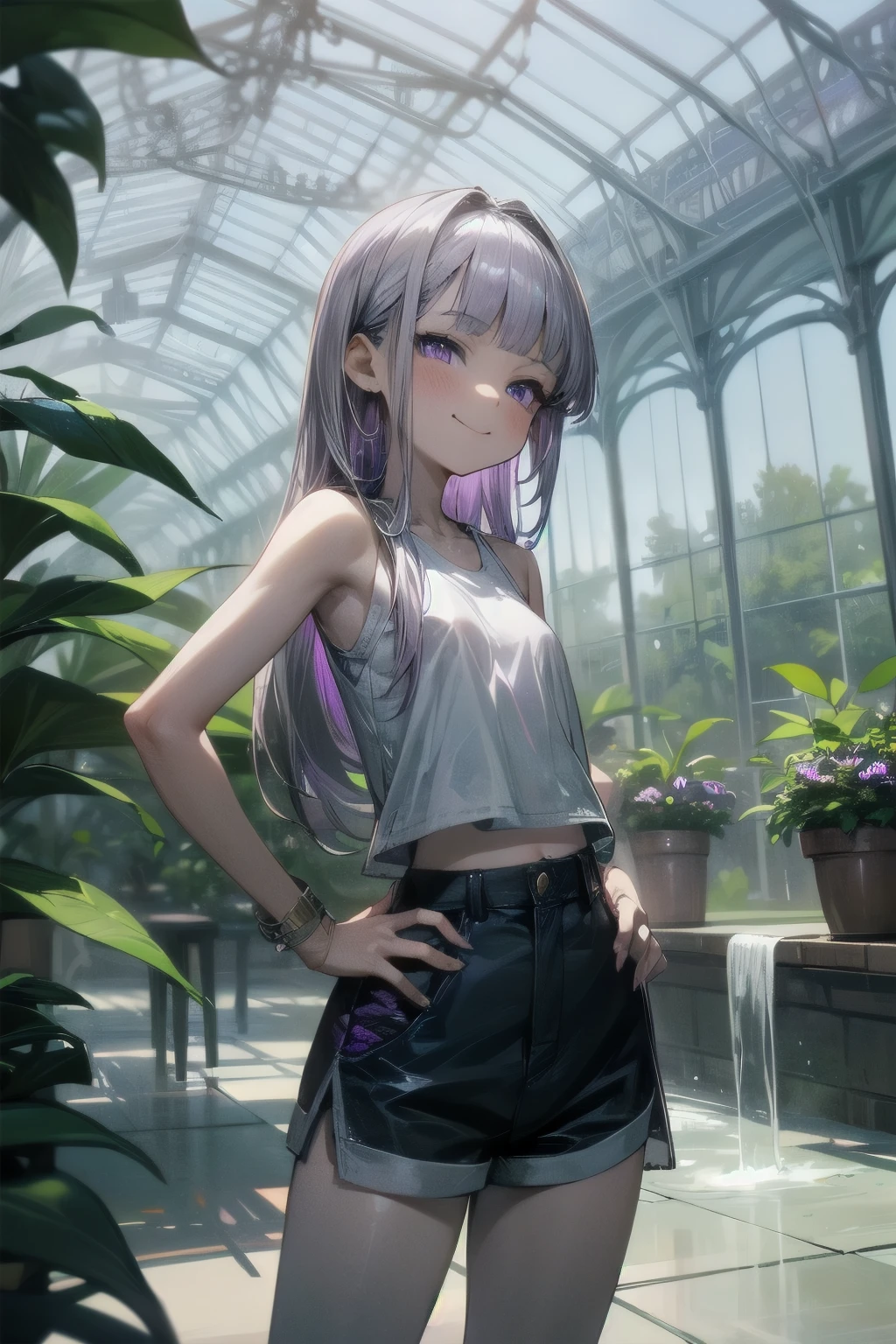 (()), (1girl), cute young girl, BREAK, (smug face:1.3), (Beautiful purple eyes:1.5), ((Dwarf girl)), (small breast), slender waist, (loose blunt bangs), Shiny unruly hair, long hair, ((beautiful pale silver hair)), wearing tanktop and short shorts, ((Masterpiece)), ((best quality)), (super detail), (intricate details), (High Definition:1.3), (Professional Photography:1.2), ((absurdres)), ((very aesthetic)), BREAK, 🌈, place hand on hip, (palace giant greenhouse), gardens, fountains, tropical plants, ((best quality)), ((very aesthetic)),