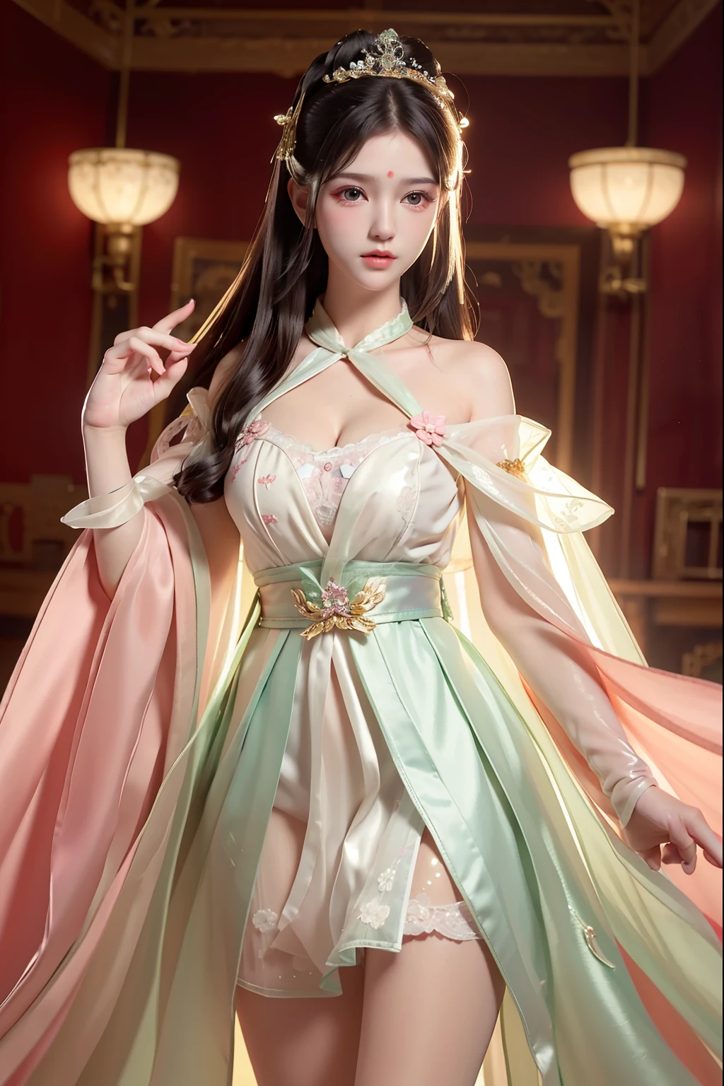 ((Masterpiece))), ((Best quality))), ((Ultra detail)), (an ultra realistic), (High Definition CG Illustration), cinematic light, Photorealistic,Very Beautiful 12 Year Old Daughter, Light makeup, Intricate Details EABA, White Intricate Lace Cloak, Dynamic pose, Spear, a Princess 8 years old cute Hanfu dynasty open V-chested clothes royal, All Photos, Wet body in thin silk fabric, Thin silk lace petticoat,Princess 8 years old cute, (Huge ,Cleavage),petticoat, white pink, green ,highest quality,masterpiece,Ultra-high resolution,(realism:1.4),RAW Photos,(Real skin texture:1.3),(Film Grain:1.3),(Selfie angle),1 Giant breasts,Beautiful eyes and facial detailasterpiece,The best quality at its best,Exposing thighs and breastore exposed breasts, Detailed Hair,Looking down and towards the camera,Short Dress Princess Eyes,Super big eyes,Detailed face,Sparkling Eyes, Pink Dress (Garden,Palace of the Moon,)