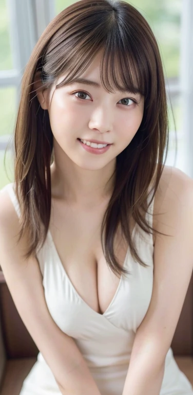 (8k), (highest quality: 1.2), (Realistic), (Realistic: 1.37), Ultra-high resolution, 1 girl, Head to knee photo、cute, smile, Mouth closed, Beautiful details, Beautiful Nose, whole body, Wet Hair, Large Breasts、Saggy breasts、Soft Breasts、Overflowing breasts、Voluptuous thighs、dolly make、Odd Eye、Heterochromia iridis