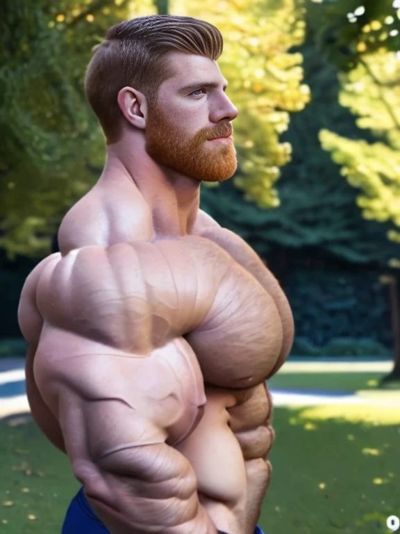 realistic, hyper massive muscles, extraordinary attractive European man with blue eyes, (handsome:1.5), (gorgeous:1.6), (beautiful:1.3), ginger, short hair, rugged, park, sunny day, (ginger:1.0), (defined muscles:1.5), vascular, (90° side profile portrait:1.7), lean but ripped, big daddy, naturalistic body, (male model:1.7), (looking at camera:1.7)