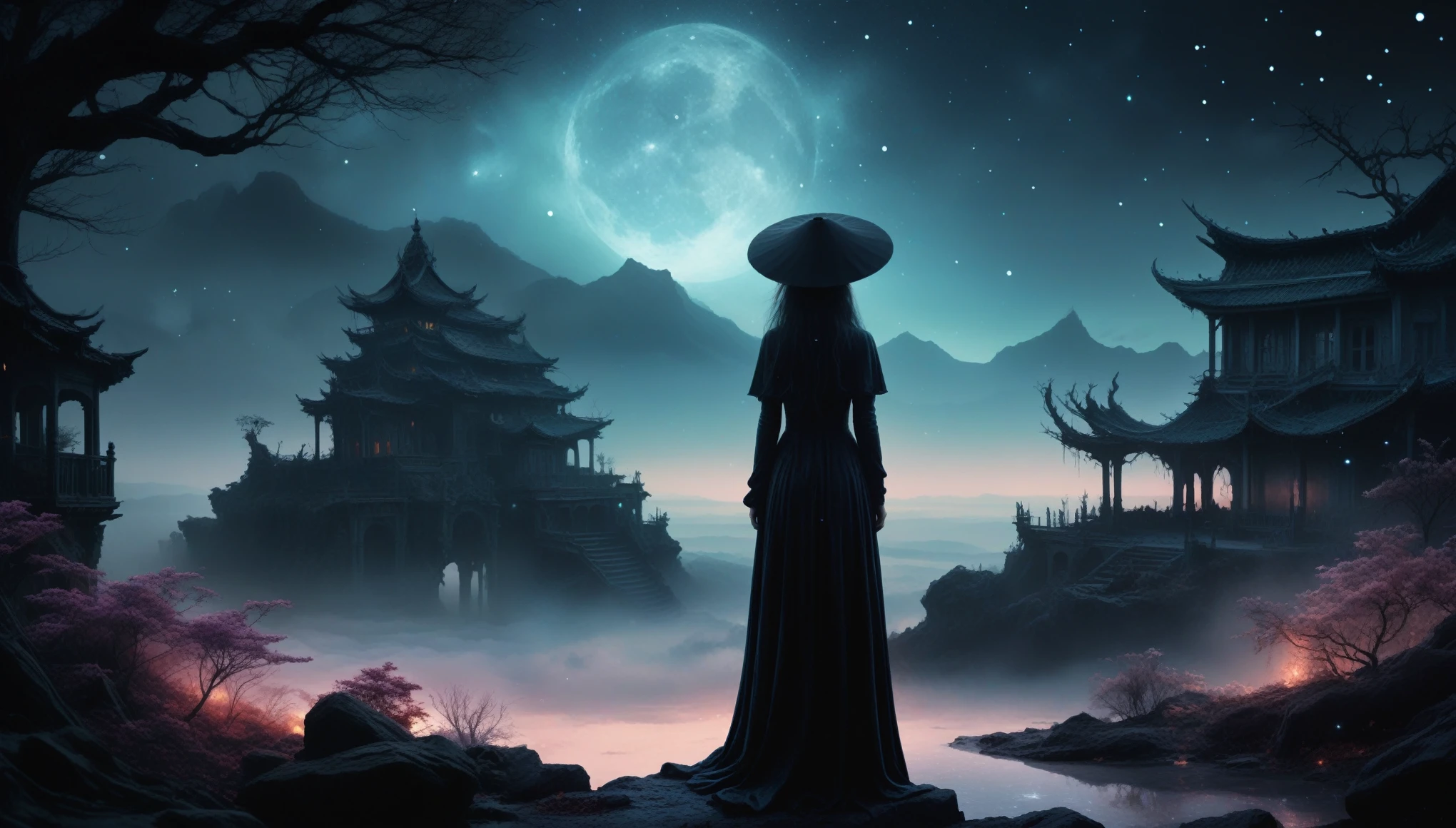 stempunk theme,dark horror theme,thriller,dark fantasy young lady, black and white color, ominous landscapes,large number of stars fly towards the viewer,ruined,ruined theme,lots of flying dust,puddle,full body length,Lepidolite young witch in national dress,pretty face,Fluorite chrysocolla atmosphere,Simon Stalenhag,Nicola Samori,Wangechi Mutu,prime colors,extremely detailed,masterpiece,intricate details,faded,eyes extremely detailed, high detailed eyes,32k resolution, Nikon Z9,scary town,full body length,evil ghost Iridescent,intricate details,Stone Forest in Yunnan Province of China,dark and eerie atmosphere, ethereal presence,  ghostly figures, swirling mists, supernatural entities, demonic essence, shadowy forms, eerie whispers, sinister aura,pale skin, dark and twisted branches, macabre elements, , otherworldly beauty, ethereal glow, eerie and ominous lighting，starlight color，Fantastic lighting，Ethereal atmosphere，otherworldly charm，Complicated details，Exquisite features，petals in her hair，Light of the sky,Surreal atmosphere,Sublime art，captivating creation,After the war，Maritime bazar，sense of science and technology，The city of the future，mechanical clockwork Spaceship wreckage under sea