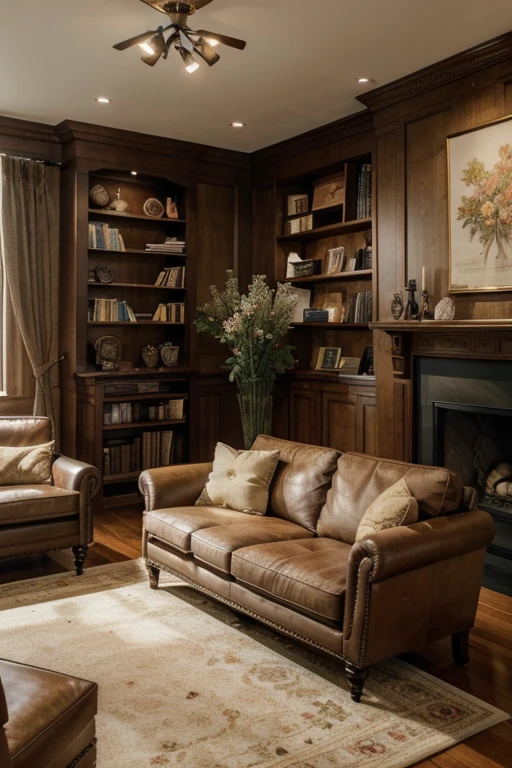 (best quality, highres, ultra-detailed), a cozy, welcoming scene. In the foreground, there is a comfortable seating area with a plush sofa and armchairs. The furniture is made of rich, dark wood with intricately carved details. Soft, warm lighting illuminates the space, casting a gentle glow. The walls are adorned with beautiful artwork, adding a touch of elegance to the room. Against one of the walls, there is a large bookshelf filled with books of various genres and sizes. The books are neatly organized, creating a sense of intellectual curiosity and knowledge. Some books are open, as if someone has recently been reading them. The bookshelf is complemented by a cozy reading nook, complete with a comfortable armchair and a floor lamp. In the center of the room, there is a coffee table adorned with a vase of fresh flowers. The vibrant colors of the flowers bring life and freshness to the scene. Surrounding the coffee table, there are a few well-placed decorative items, such as small sculptures and art pieces, adding a touch of personal style to the space. The overall color palette of the scene is warm and inviting, with earthy tones of brown, beige, and cream dominating the color scheme. The lighting creates subtle shadows and highlights, enhancing the three-dimensional quality of the image. This prompt is intended to generate a highly detailed and realistic image capturing the cozy atmosphere of a living room with bookshelves in the background 1920x1080