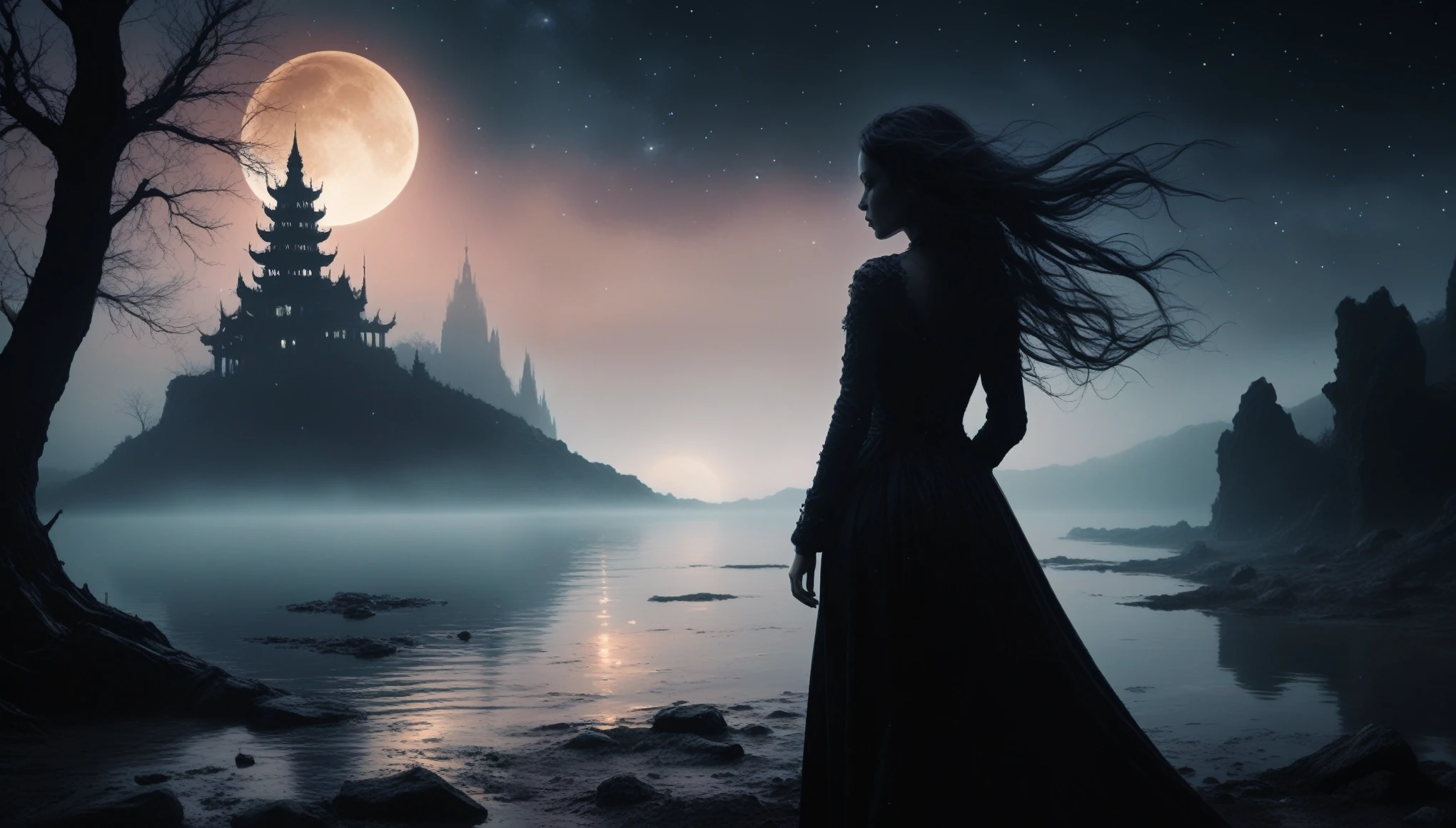 stempunk theme,dark horror theme,thriller,dark fantasy young lady, black and white color, ominous landscapes,large number of stars fly towards the viewer,ruined,ruined theme,lots of flying dust,puddle,full body length,Lepidolite young witch in national dress,pretty face,Fluorite chrysocolla atmosphere,Simon Stalenhag,Nicola Samori,Wangechi Mutu,prime colors,extremely detailed,masterpiece,intricate details,faded,eyes extremely detailed, high detailed eyes,32k resolution, Nikon Z9,scary town,full body length,evil ghost Iridescent,intricate details,Stone Forest in Yunnan Province of China,dark and eerie atmosphere, ethereal presence, ghostly figures, swirling mists, supernatural entities, demonic essence, shadowy forms, eerie whispers, sinister aura,pale skin, dark and twisted branches, macabre elements, , otherworldly beauty, ethereal glow, eerie and ominous lighting,starlight color,Fantastic lighting,Ethereal atmosphere,otherworldly charm,Complicated details,Exquisite features,petals in her hair,Light of the sky,Surreal atmosphere,Sublime art,captivating creation,After the war,Maritime bazar,sense of science and technology,The city of the future,mechanical clockwork Spaceship wreckage under sea