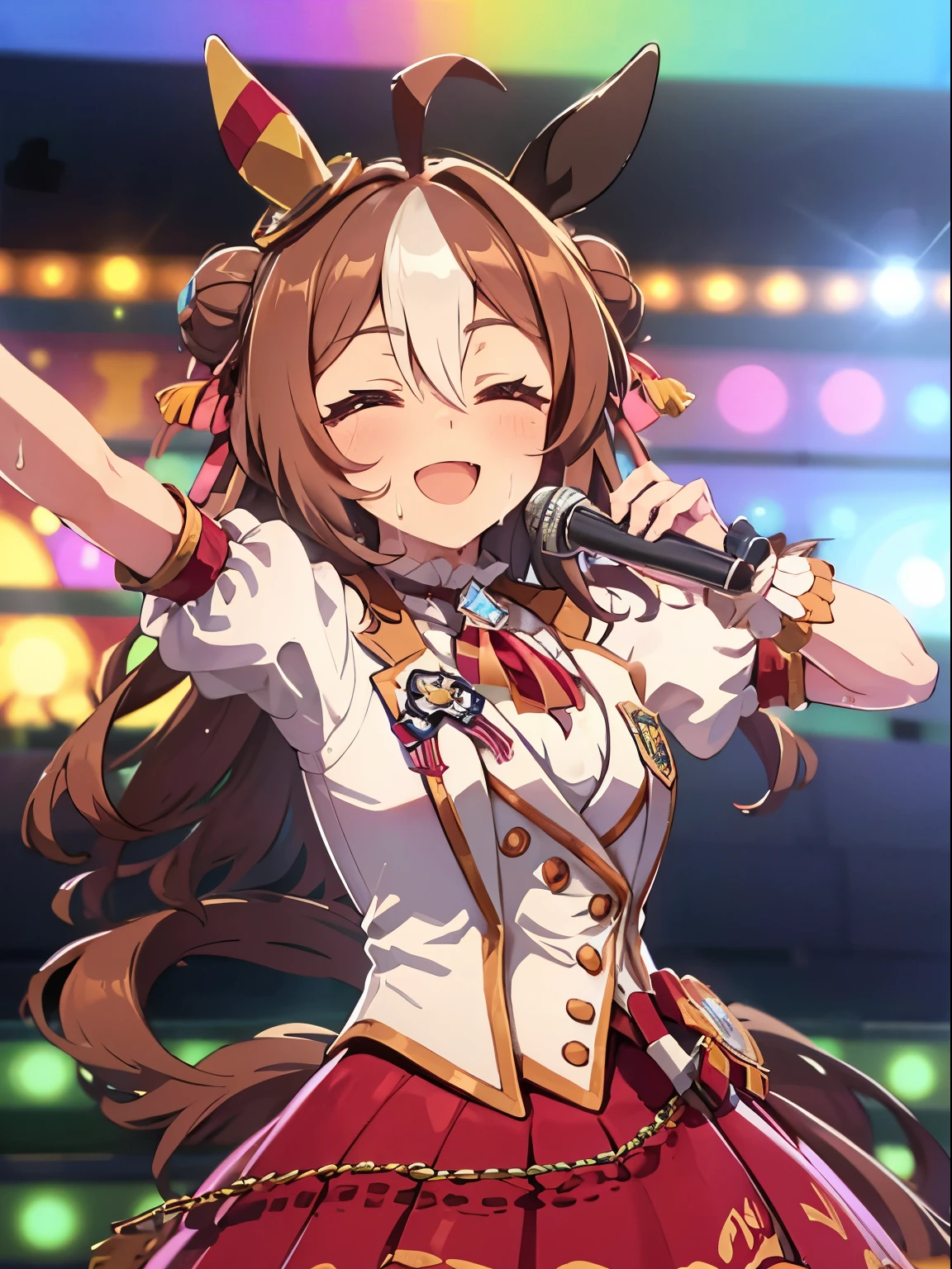 copano rickey \(umamusume\), 1 girl, Solo, Cute Girl,Best Quality, Ultra-detailed, 8K, High resolution, detailed face, upper body, smile, opened mouth, closed eyes, singing on the stage, New Stars Rose, holding a microphone, (((sweat,)))