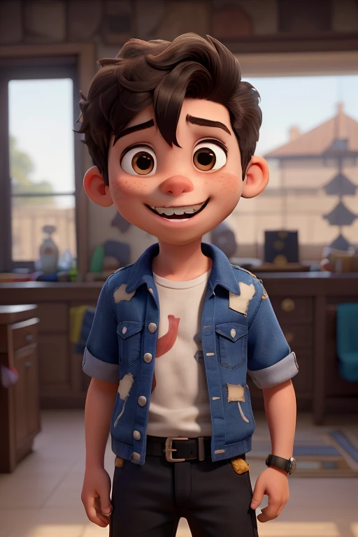 ((menino de 8 anos, com dentes faltando na boca, sujo e com roupas rasgadas)), ((close no sorriso sem alguns dentes)), (he has torn clothes), face of a naughty  who doesn&#39;t take a bath