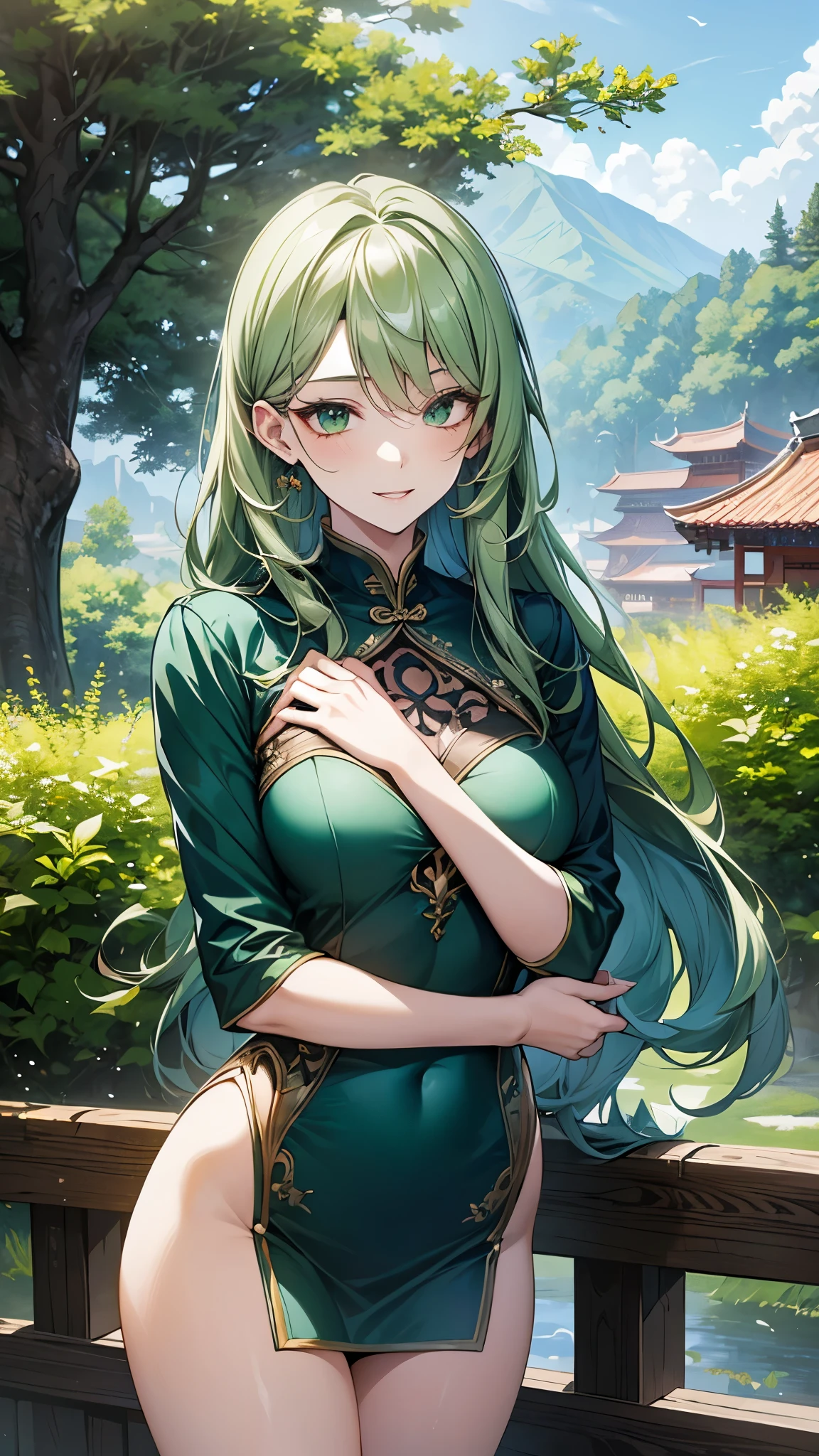 (art: 1.2), (best quality: 1.2) 1 a teenage girl, mature, tall (1.75 cm), looked to be around 17 years old, had long green hair, straight and shiny hair with Korean bangs, green eyes like the most beautiful emerald, ultra realistic eyes, super detailed eyes, eyes well proportioned to your face, extremely detailed eyes, perfect eyes, extremely realistic eyes, well aligned eyes, long eyelashes, anime style, small ears proportional to your face , ultra detailed ears, perfect ears, perfect face, face that looks about 17 years old, full lips, smiling, mature, fair skin, natural body, posing from the front with arms crossed, perfect hands, detailed hands, well proportioned hands to the body, Realistic hands, arms with good anatomy, she wore only an immaculate Chinese oriental style emerald green dress that fell down due to her size, thighs well proportioned to her body, wide hips, Looking at the viewer, Background scenery, scenery in a lush green forest with wooden houses in the background, posing alone Looking at the viewer
