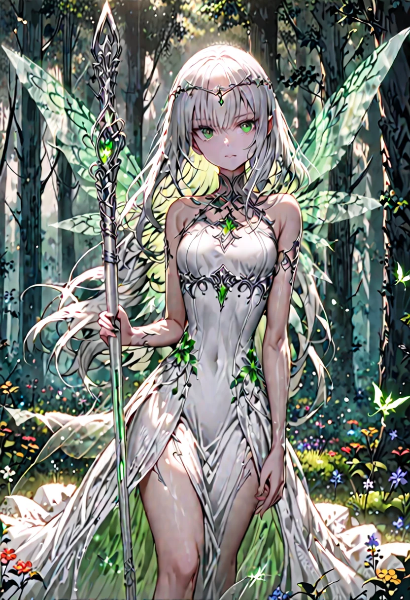solo, female, sfw, medium shot, slender, athletic, long flowing silver hair, emerald green eyes, delicate fairy wings, glowing wings, silver circlet, flowing white gown, staff, crackling energy, forest, flowers, fairy