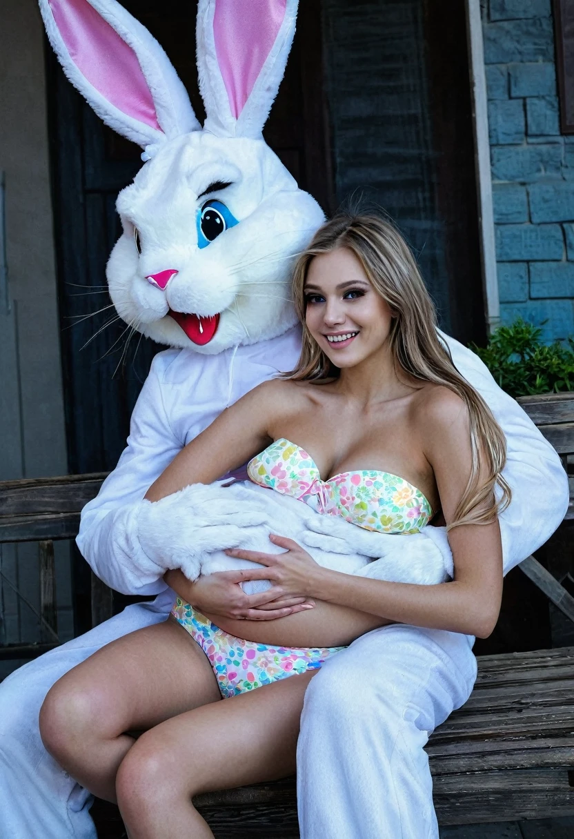 giant easter bunny costume monster carries faint limp pregnant topless beautiful horny aroused bikini young girl in his arms embrace sitting on lap kissing wet NSFW