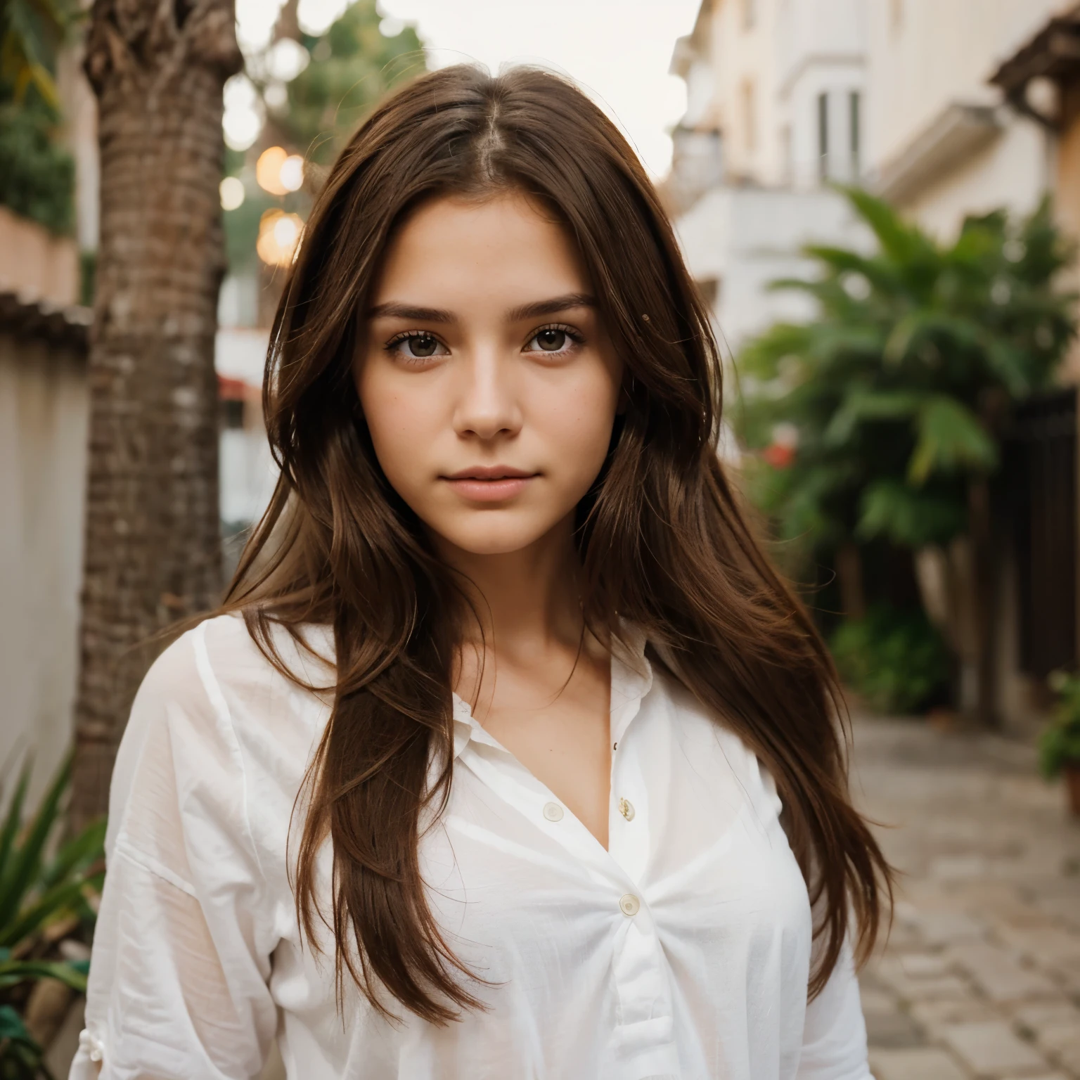 A european  girl with her face uncovered and hair flowing, steadily diffusing her attention around, looks straight at me.