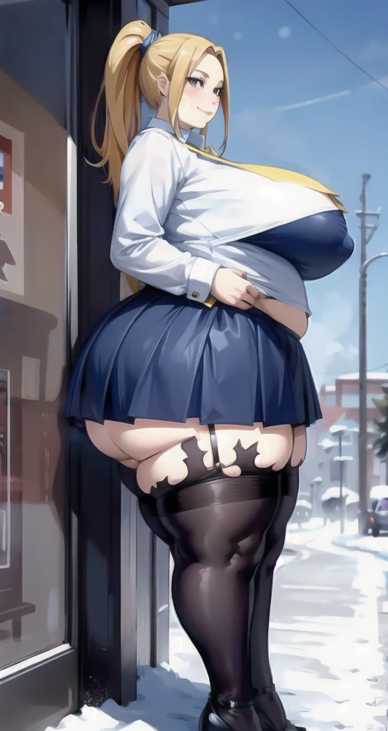 ((masterpiece,intricate details)),1girl,mature female,brown eyes,smile,massive fat heavy breasts,thick thighs, wide fat hips, massive fat round heart shaped shelf bubble butt, fat belly,BREAK sit, spread legs,office lady uniform,miniskirt,((thighhighs)),high heels BREAK day,snow,windy,blue sky,ice,cumulonimbus,((cowboy shot)),from side:1.3,depth of field,looking at viewer
