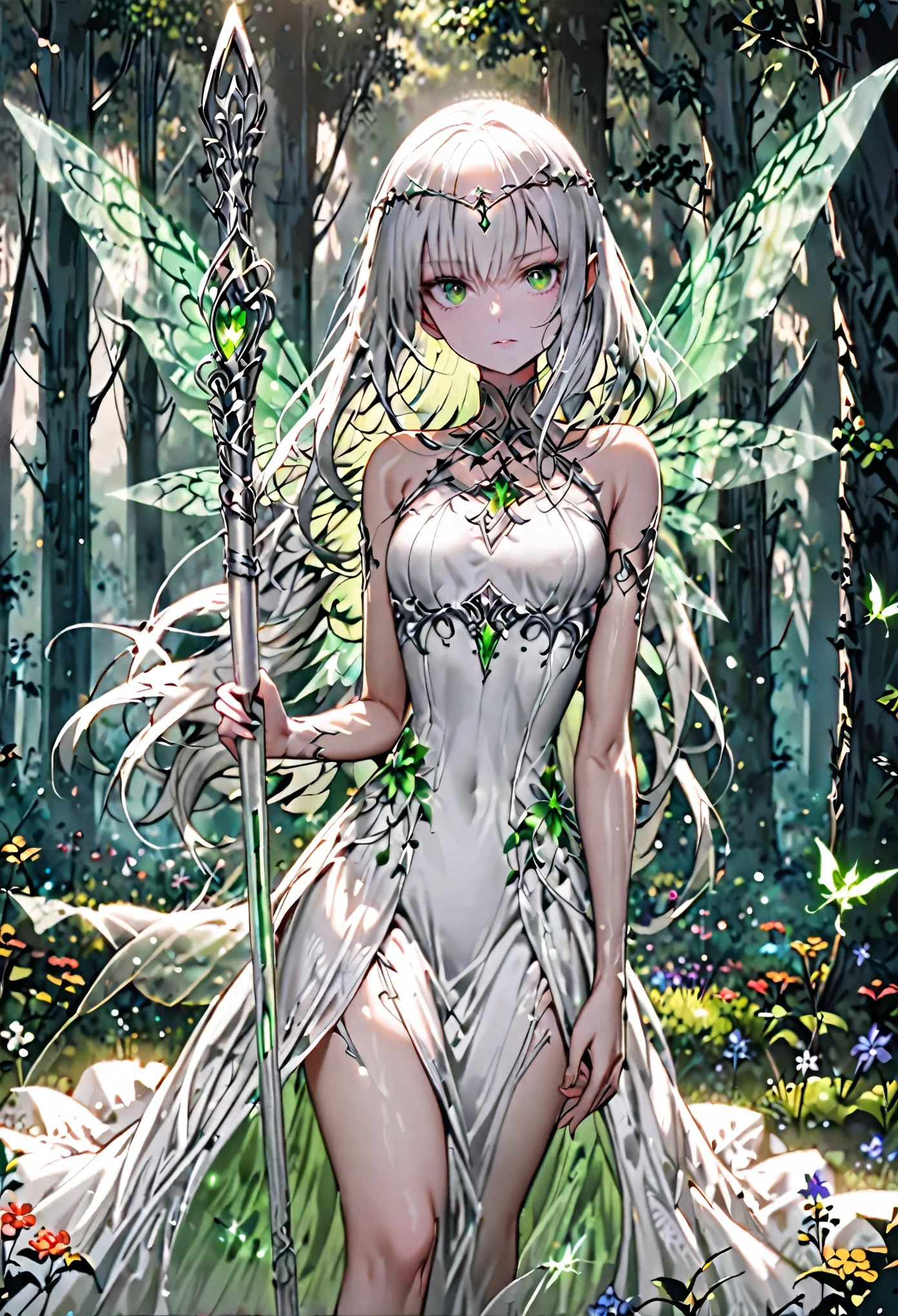 solo, female, sfw, medium shot, slender, athletic, long flowing silver hair, emerald green eyes, delicate fairy wings, glowing wings, silver circlet, flowing white gown, staff, crackling energy, forest, flowers, fairy
