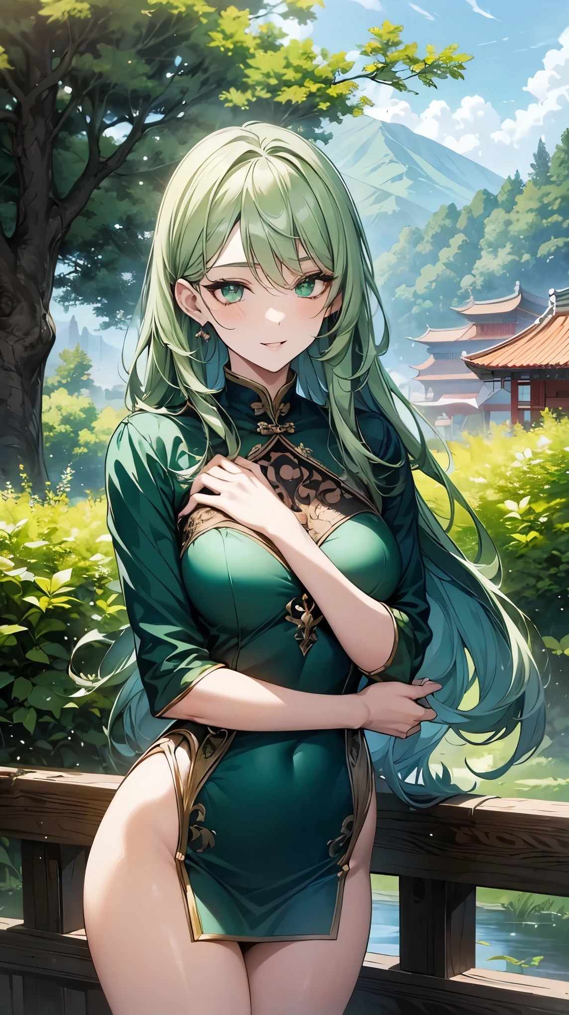 (art: 1.2), (best quality: 1.2) 1 a teenage girl, mature, tall (1.75 cm), looked to be around 17 years old, had long green hair, straight and shiny hair with Korean bangs, green eyes like the most beautiful emerald, ultra realistic eyes, super detailed eyes, eyes well proportioned to your face, extremely detailed eyes, perfect eyes, extremely realistic eyes, well aligned eyes, long eyelashes, anime style, small ears proportional to your face , ultra detailed ears, perfect ears, perfect face, face that looks about 17 years old, full lips, smiling, mature, fair skin, natural body, posing from the front with arms crossed, perfect hands, detailed hands, well proportioned hands to the body, Realistic hands, arms with good anatomy, she wore only an immaculate Chinese oriental style emerald green dress that fell down due to her size, thighs well proportioned to her body, wide hips, Looking at the viewer, Background scenery, scenery in a lush green forest with wooden houses in the background, posing alone Looking at the viewer
