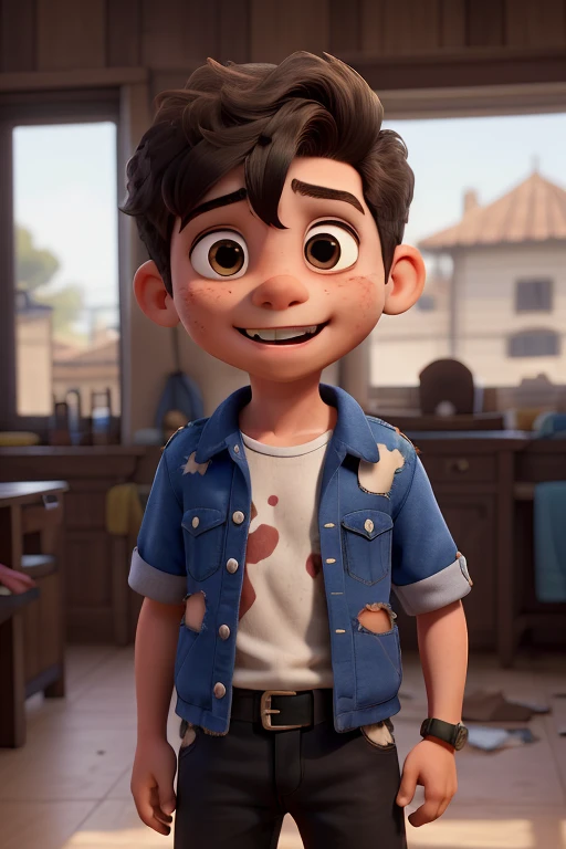 ((menino de 8 anos, sujo e com roupas rasgadas)), ((is dirty and has torn clothes)), (he has torn clothes), face of a naughty  who doesn&#39;t take a bath