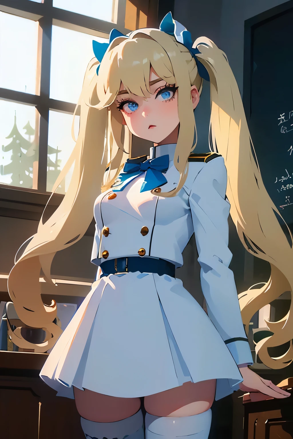 masterpiece, best quality, 18-year-old girl, piercing blue eyes, long blonde fluffy pigtails, long eyelashes, android eyes, white military school clothes with blue accents, very tight white stockings, standing inside a popular classroom, staring at viewer