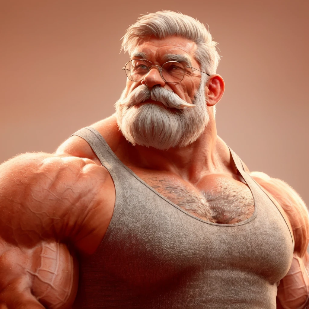 muscular old man, detailed, wearing tank top and shorts, glasses, really big mustache ,really big muscle, bigger muscle, very big muscular, over sized muscle, biggest muscle, big pec muscular, biggest pec muscle, detailed muscle, realistic rendering, CG realistic, 3d realistic, photography, background,