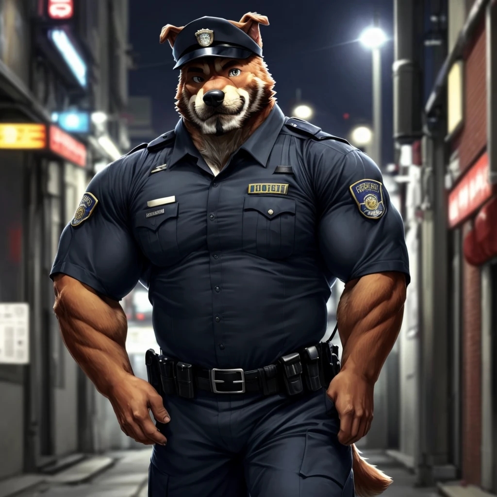 top quality, best quality, super high resolution, detailed background(highly detailed beautiful face and eyes)absurdres, perfect anatomy((angelic nice 1boy, kemono, solo focus, muscle man, beard))(((furry)))(furry anthro:1.7)((((Furry body, dog facial features, dog body features))))((very detailed body fur))full body(dignified)police officer, SWAT, street, muscle, facial hair, volumetric lighting, depth of field, gasping for air, raised crotch, black clothes, ((black police uniform)) shirt, from below,