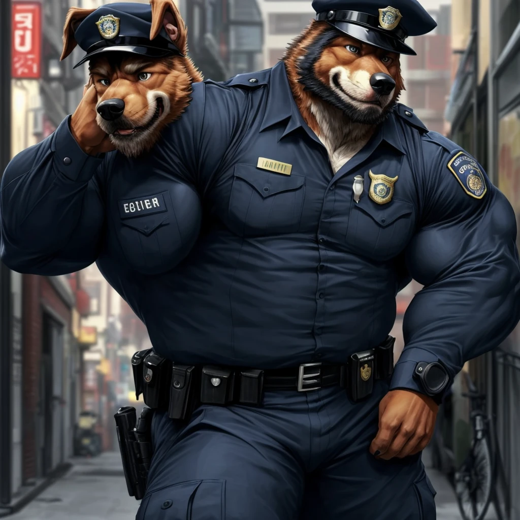 top quality, best quality, super high resolution, detailed background(highly detailed beautiful face and eyes)absurdres, perfect anatomy((angelic nice 1boy, kemono, solo focus, muscle man, beard))(((furry)))(furry anthro:1.7)((((Furry body, dog facial features, dog body features))))((very detailed body fur))full body(dignified)police officer, SWAT, street, muscle, facial hair, volumetric lighting, depth of field, gasping for air, raised crotch, black clothes, ((black police uniform)) shirt, from below,