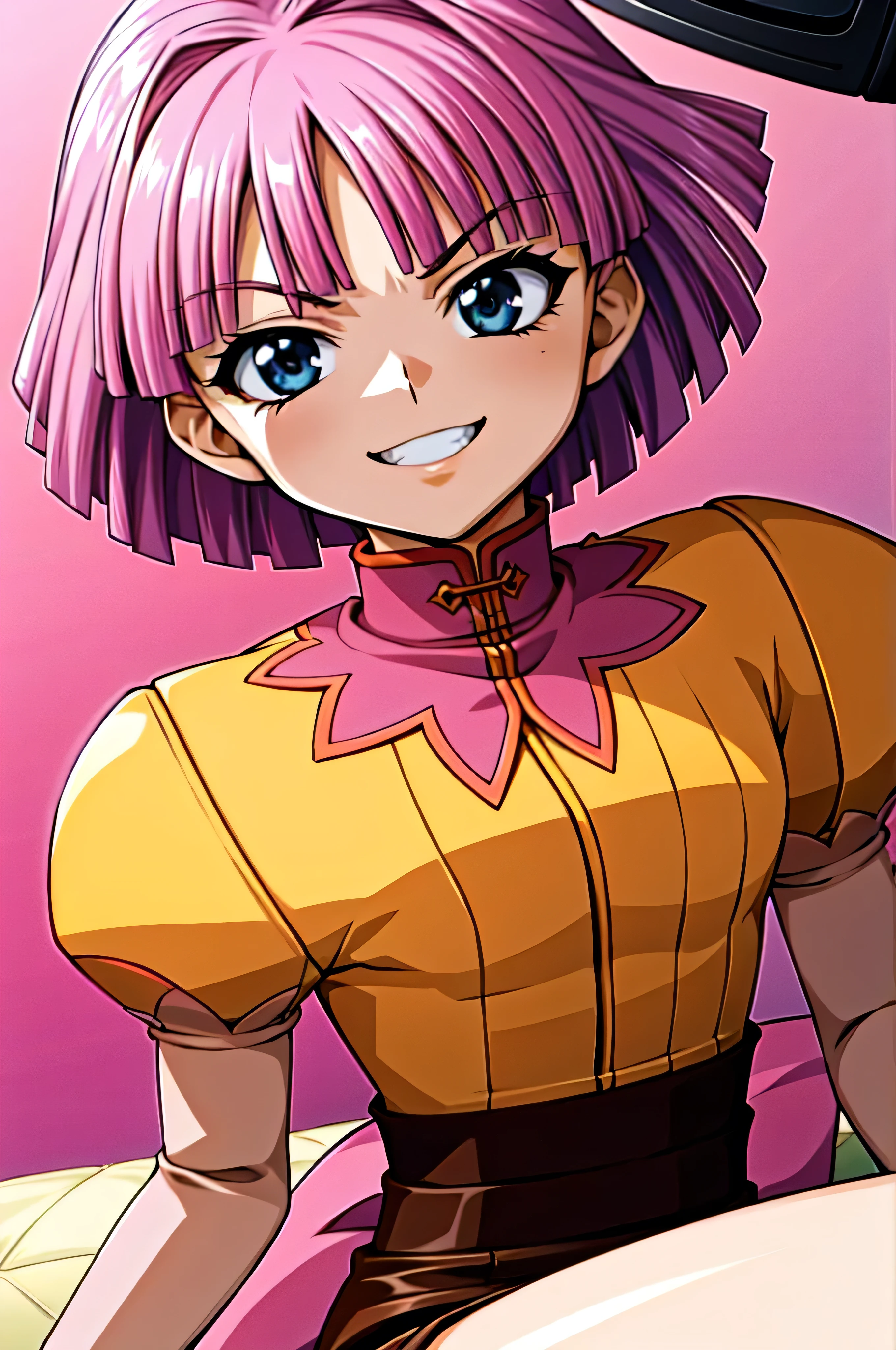 (best_quality 4K, 8K, High resolution, Masterpiece: 1.2), ultra detailed),from_below,(anime_screencap),(1girl,solo),dynamic_angle,evil_smile,evil laugh,tis,shadeded_face,sadistic,bob short  hair,black and pink background,