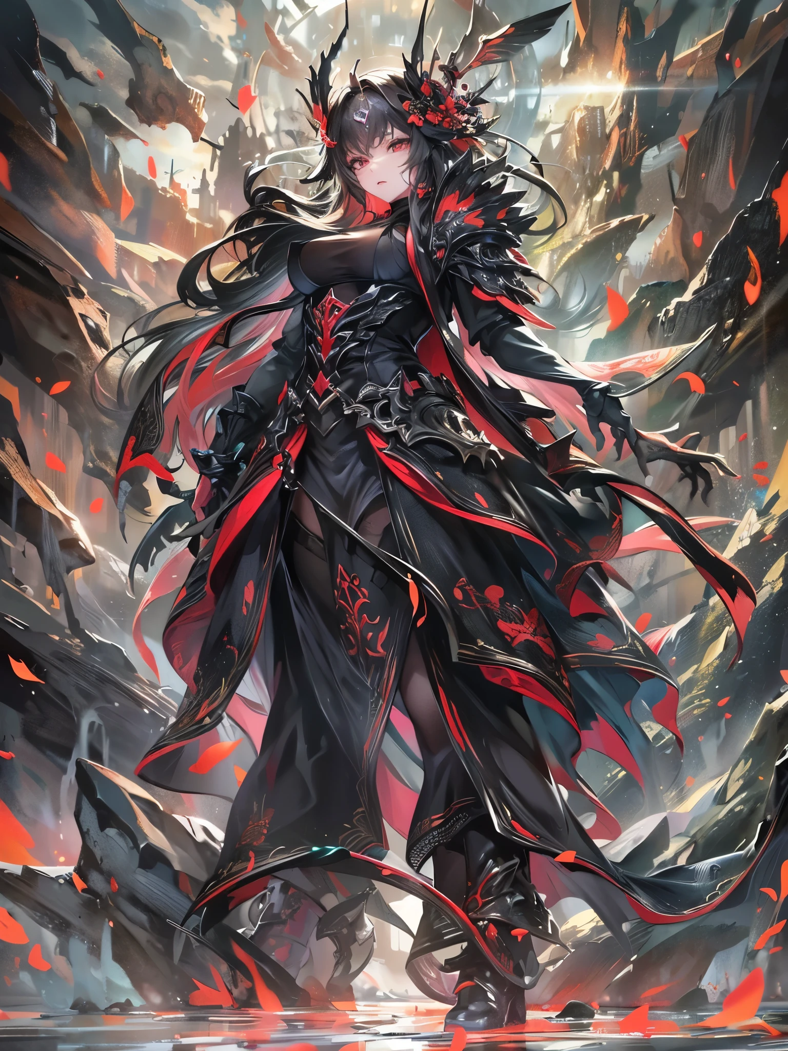 ((highest quality)),(Ultra-high resolution),(Super detailed new),(Detailed Description),((The best CG)),(A masterpiece),Ultra-detailed art,A wonderful new art form,(Art with precise detail:1.5), woman, fight, black, Red eyes